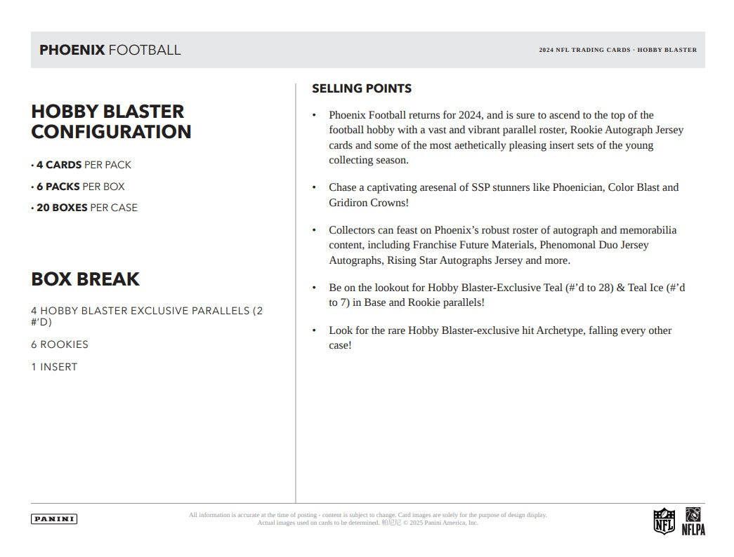 HOBBY 2024 Panini Phoenix Football Blaster Box (2 Cracked Ice Parallels + 2 Numbered Cards)