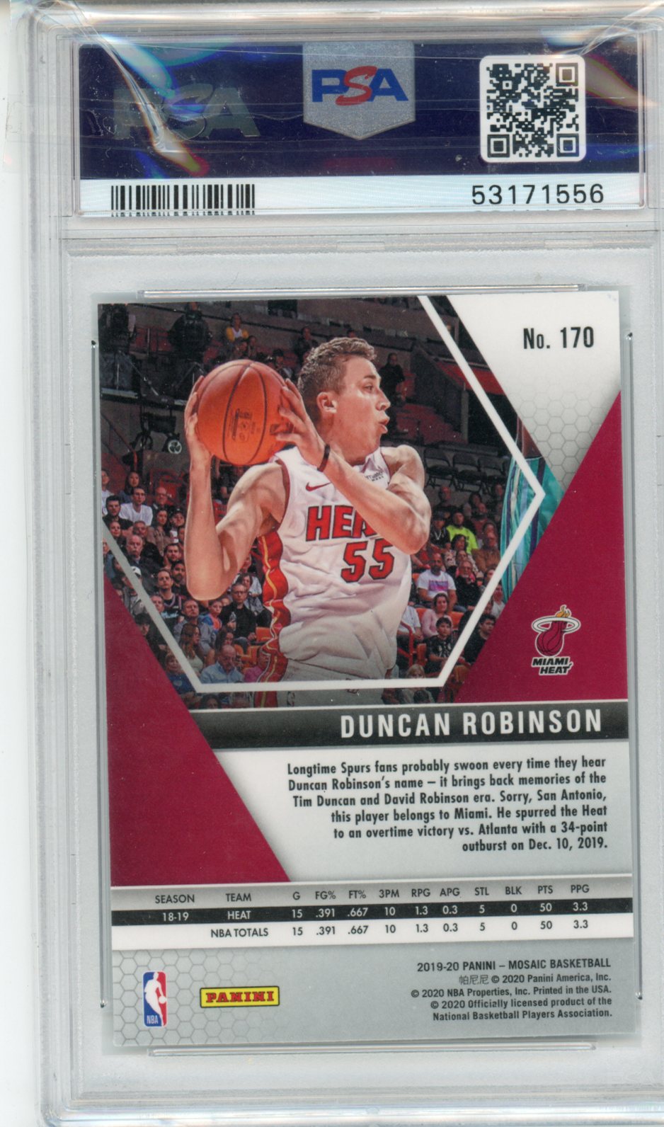 2019 Panini Mosaic Duncan Robinson #170 PSA 9