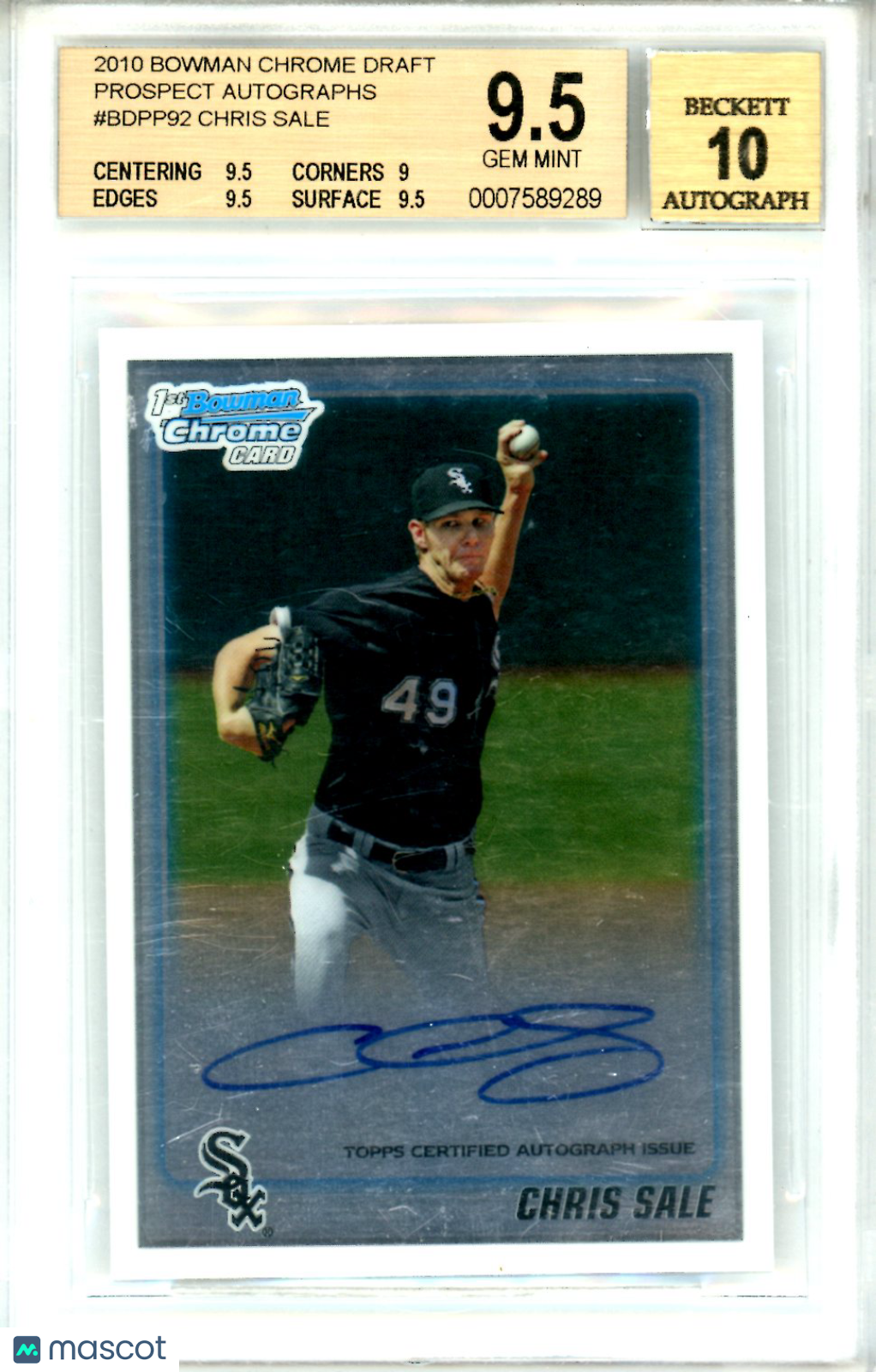 2010 Bowman Chrome Draft Prospects Auto Chris Sale BGS 9.5 AUTO 10
