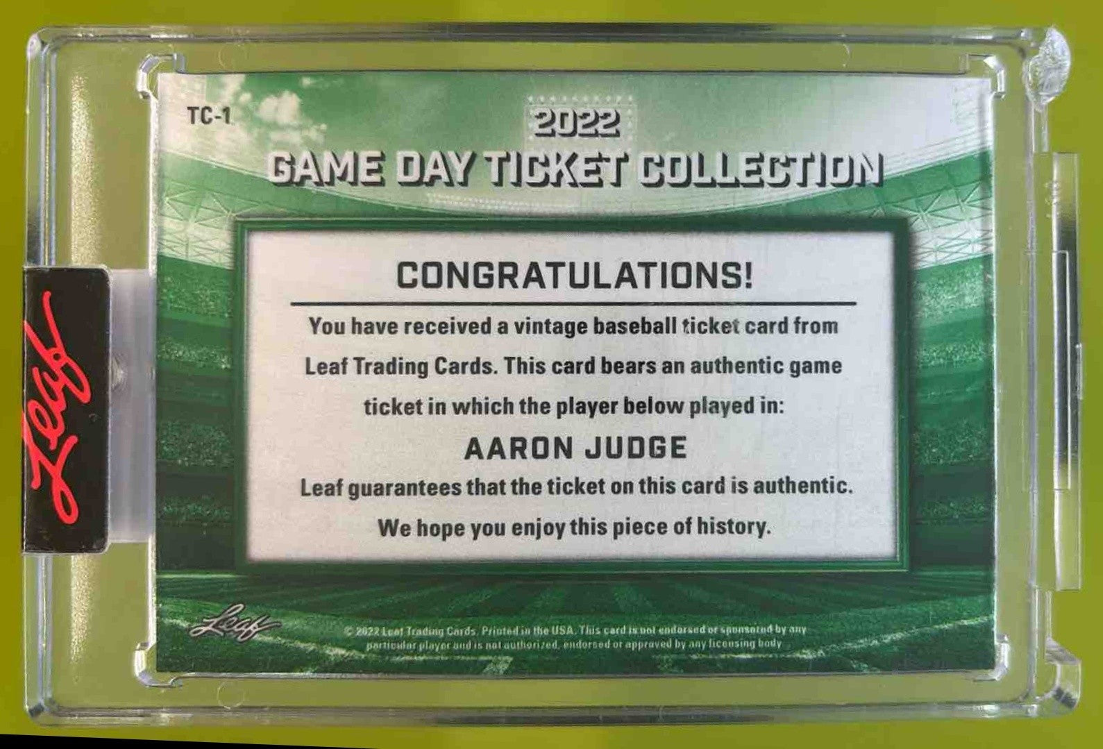 Aaron Judge Game Day Ticket Collection 2022 Leaf #TC-1 Yankees - Sports Cards