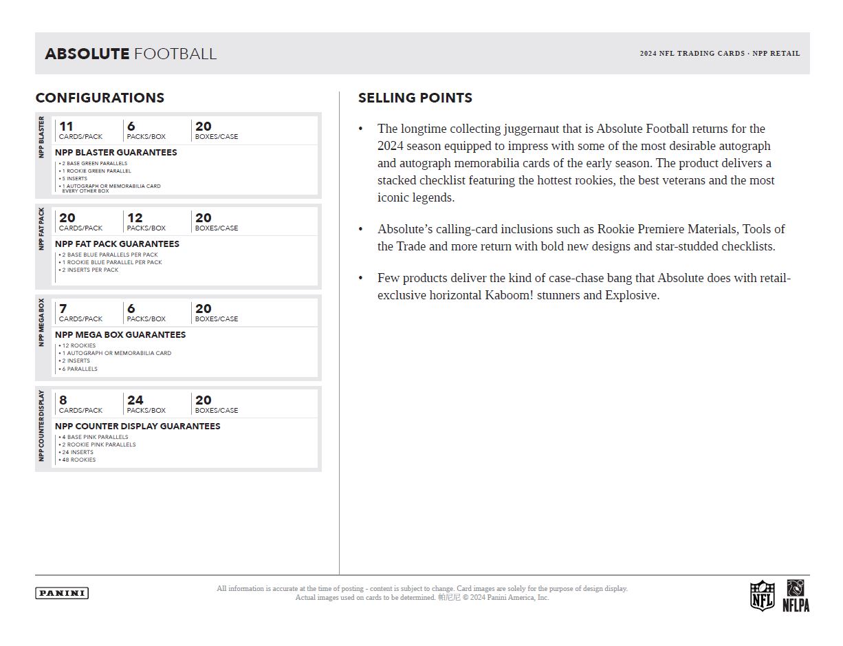 Panini Absolute Football NFL Fat Pack Box  (Blue Parallels) 12 Value Cello Packs
