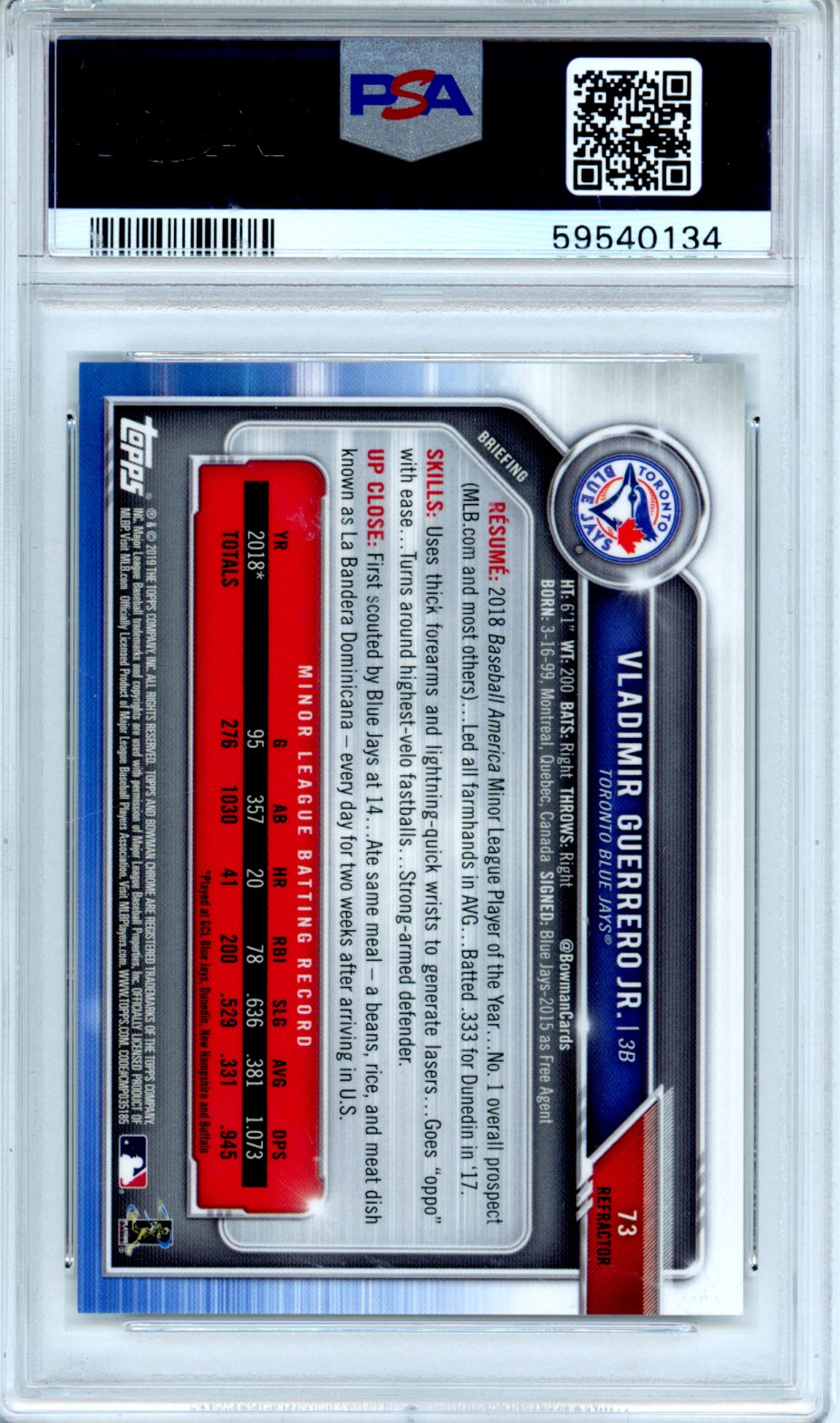 2019 Bowman Chrome Vladimir Guerrero JR. Refractor #73 PSA 9