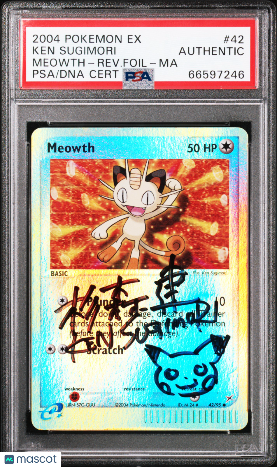 Autographed by Ken Sugimori 2004 Pokemon EX Meowth Reverse Foil PSA / DNA - Graded TCG/CCG