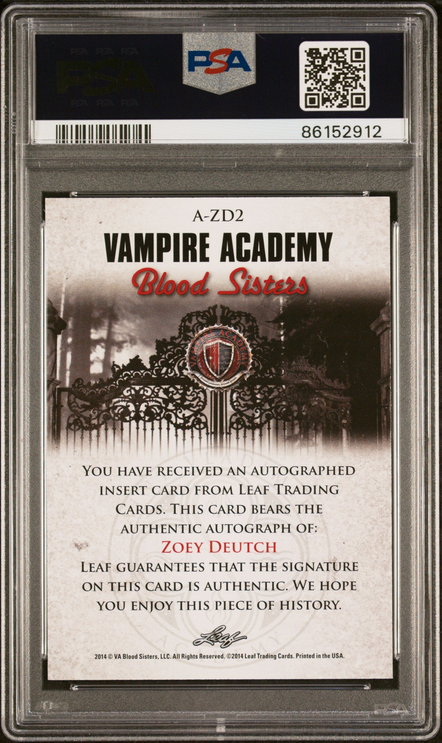 2014 Leaf Vampire Academy Autograph Zoey Deutch #A-ZD2 PSA 9