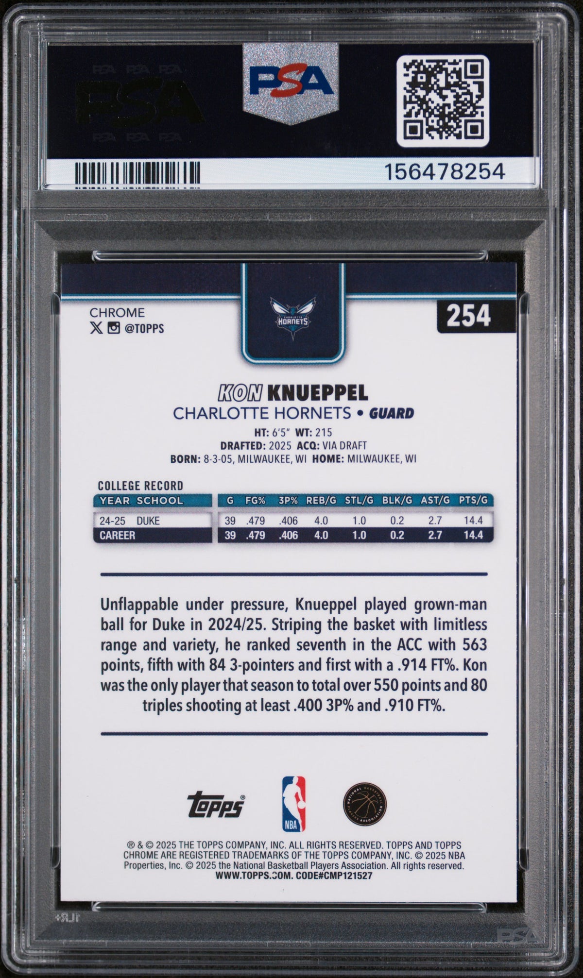 2025 Topps Chrome Kon Knueppel Skylight Refractor #254 PSA 10