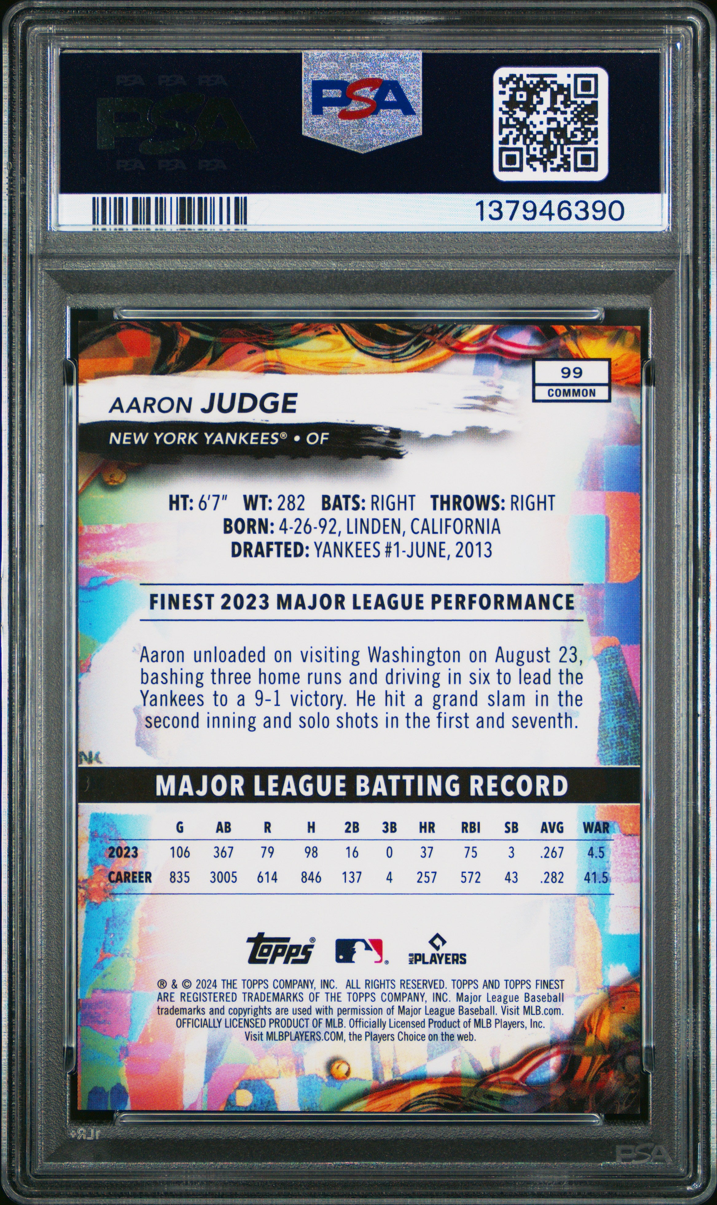 2024 Topps Finest Aaron Judge Purple Refractor 017/250 #99 PSA 10 GEM MINT