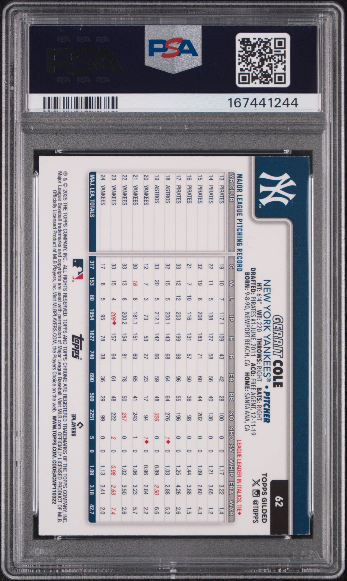 2025 Topps Gilded Collection Gerrit Cole Gold Wave 60/75 #62 PSA 9 MINT