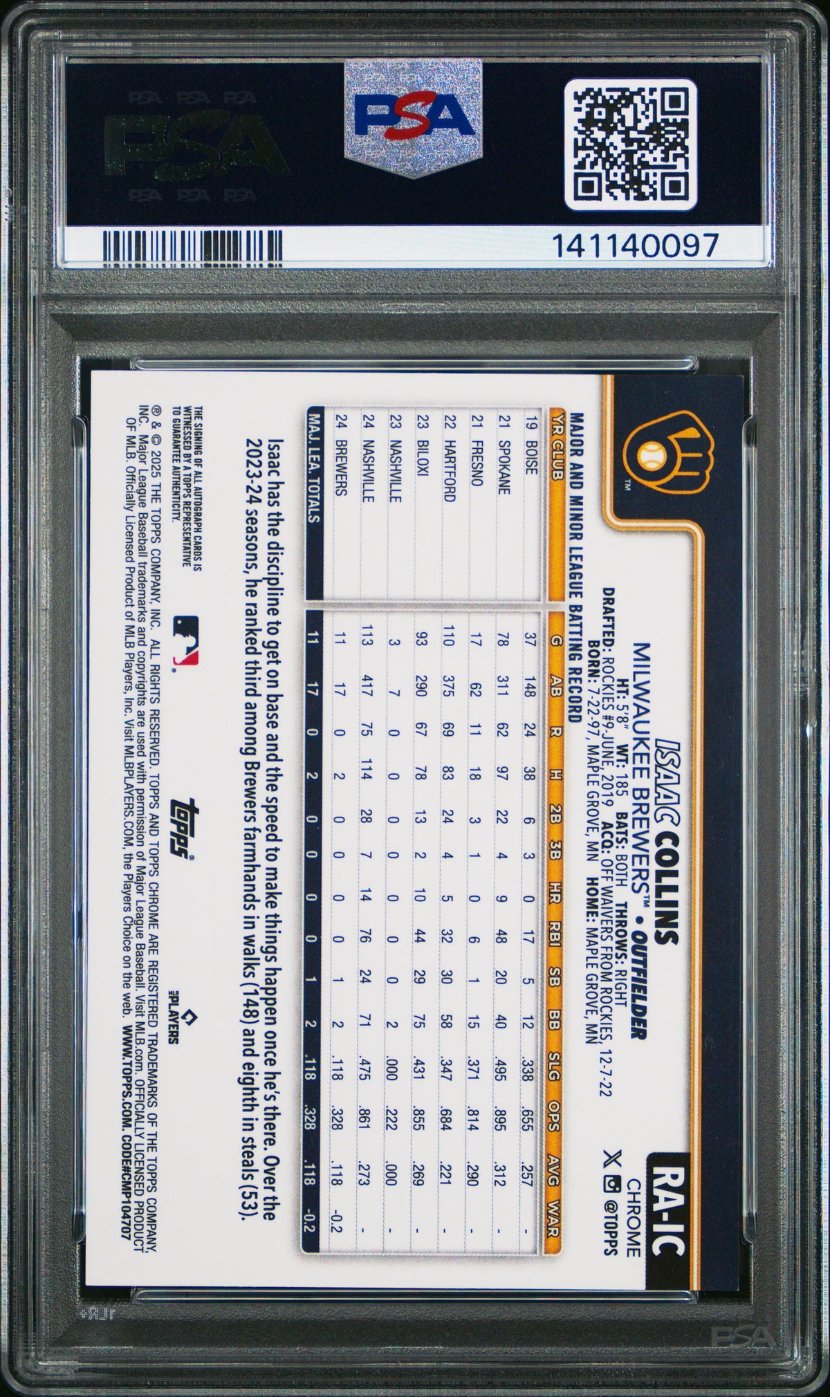 2025 Topps Chrome Rookie Autographs Isaac Collins Orange Ref Rookie /25 PSA 9