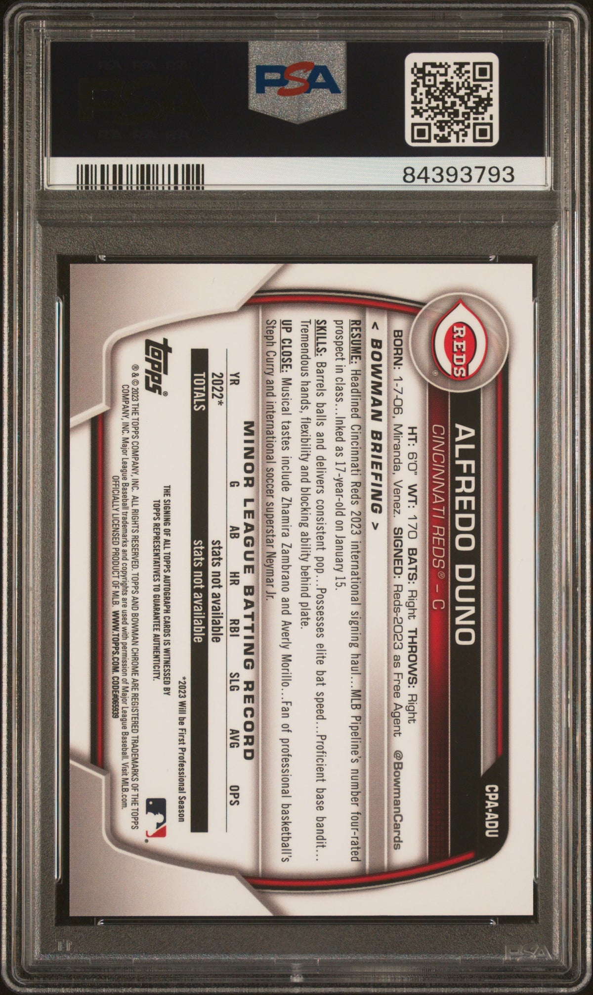 2023 Bowman Chrome Prospect Autographs Alfredo Duno #CPAADU PSA 10