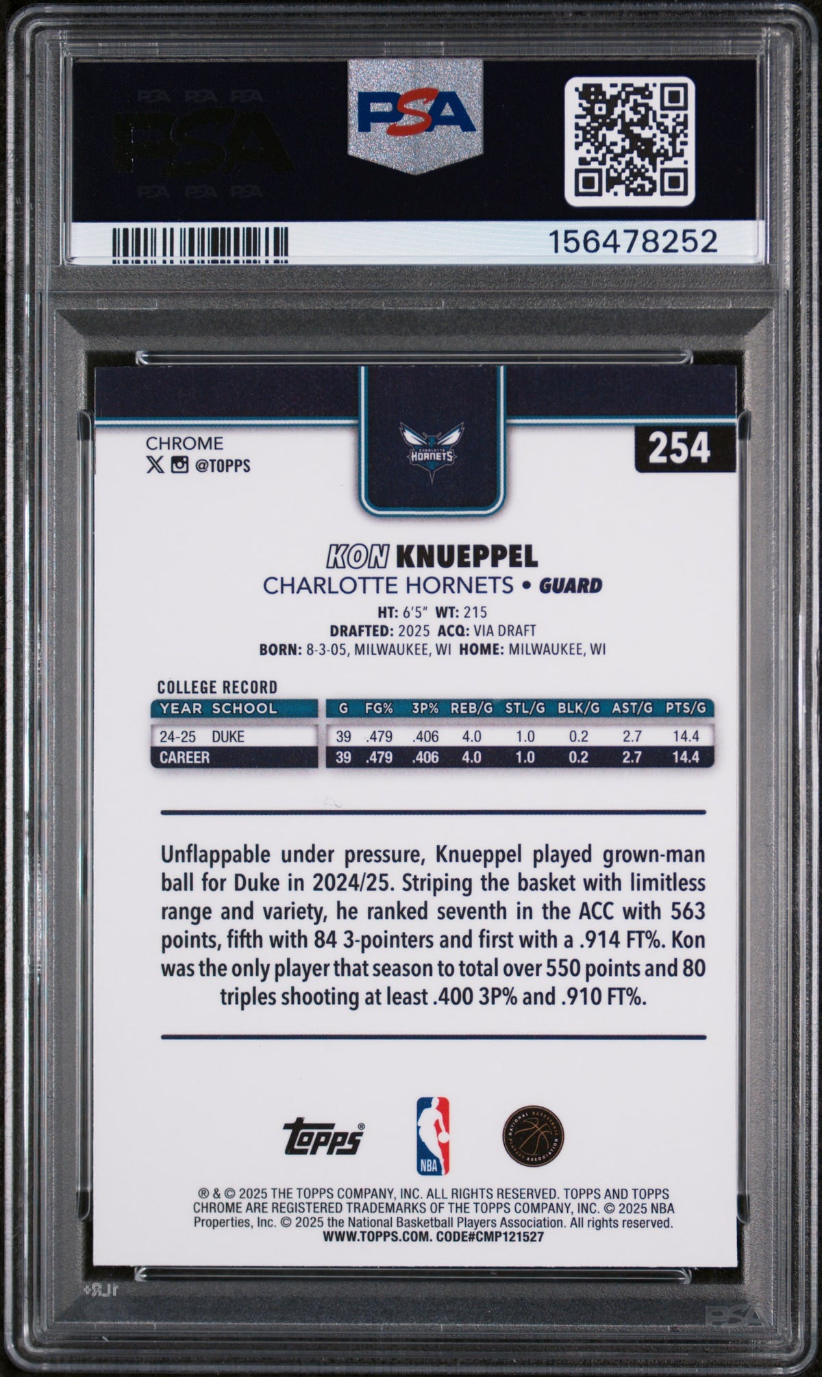 2025 Topps Chrome Kon Knueppel Refractor #254 PSA 8