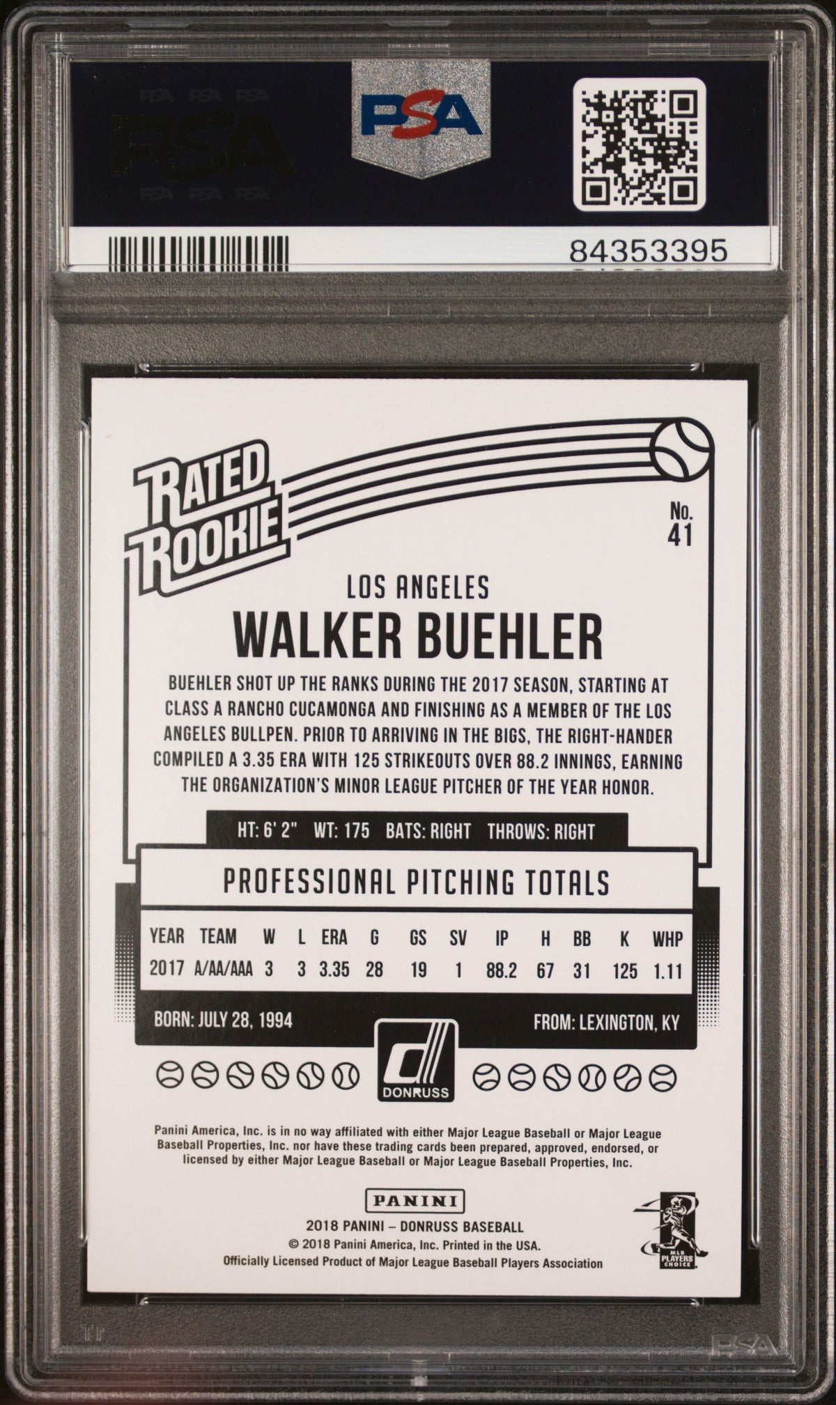 2018 Panini Donruss Walker Buehler #41 PSA 10