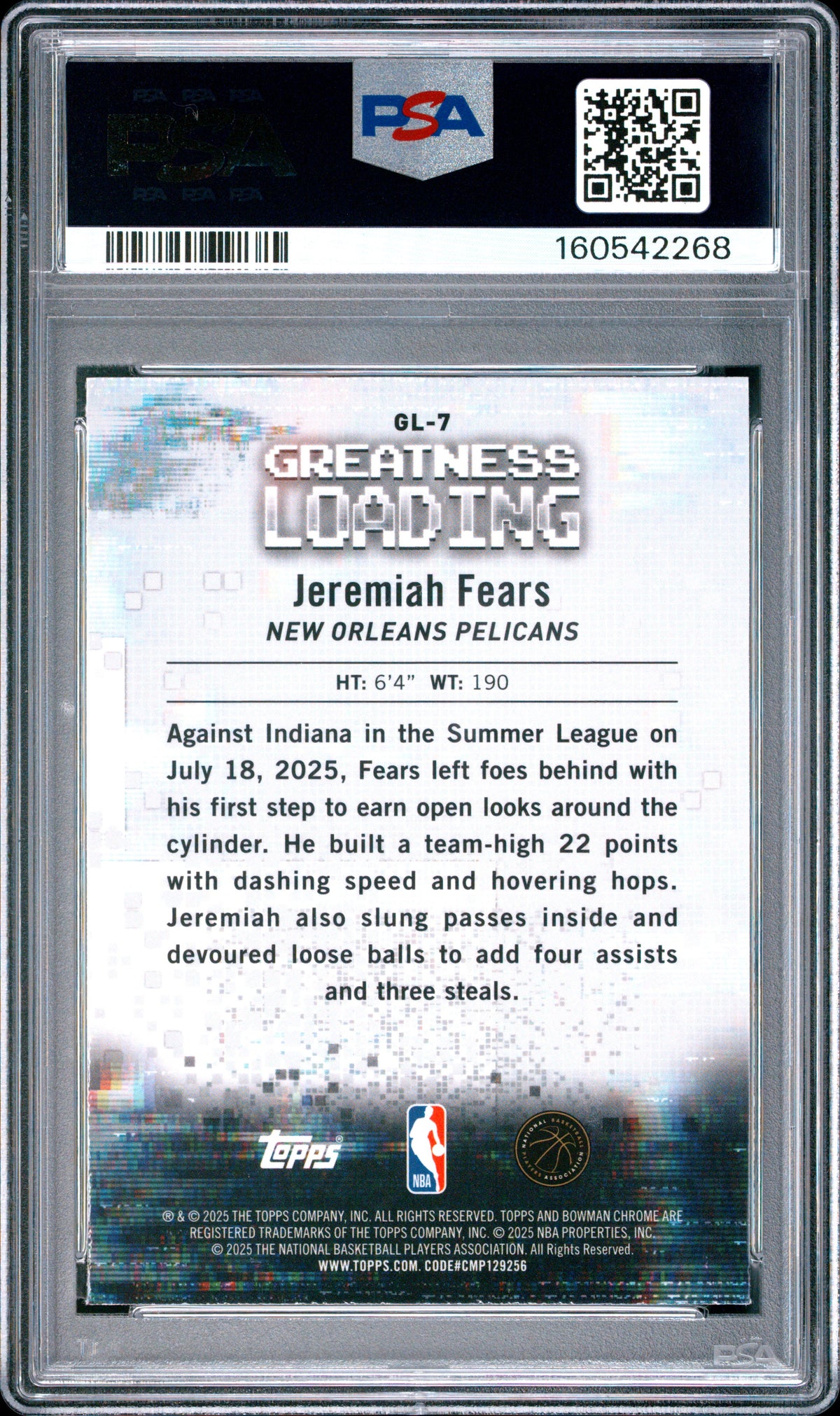 2025 Bowman Chrome Greatness Loading Jeremiah Fears #GL-7 PSA 10