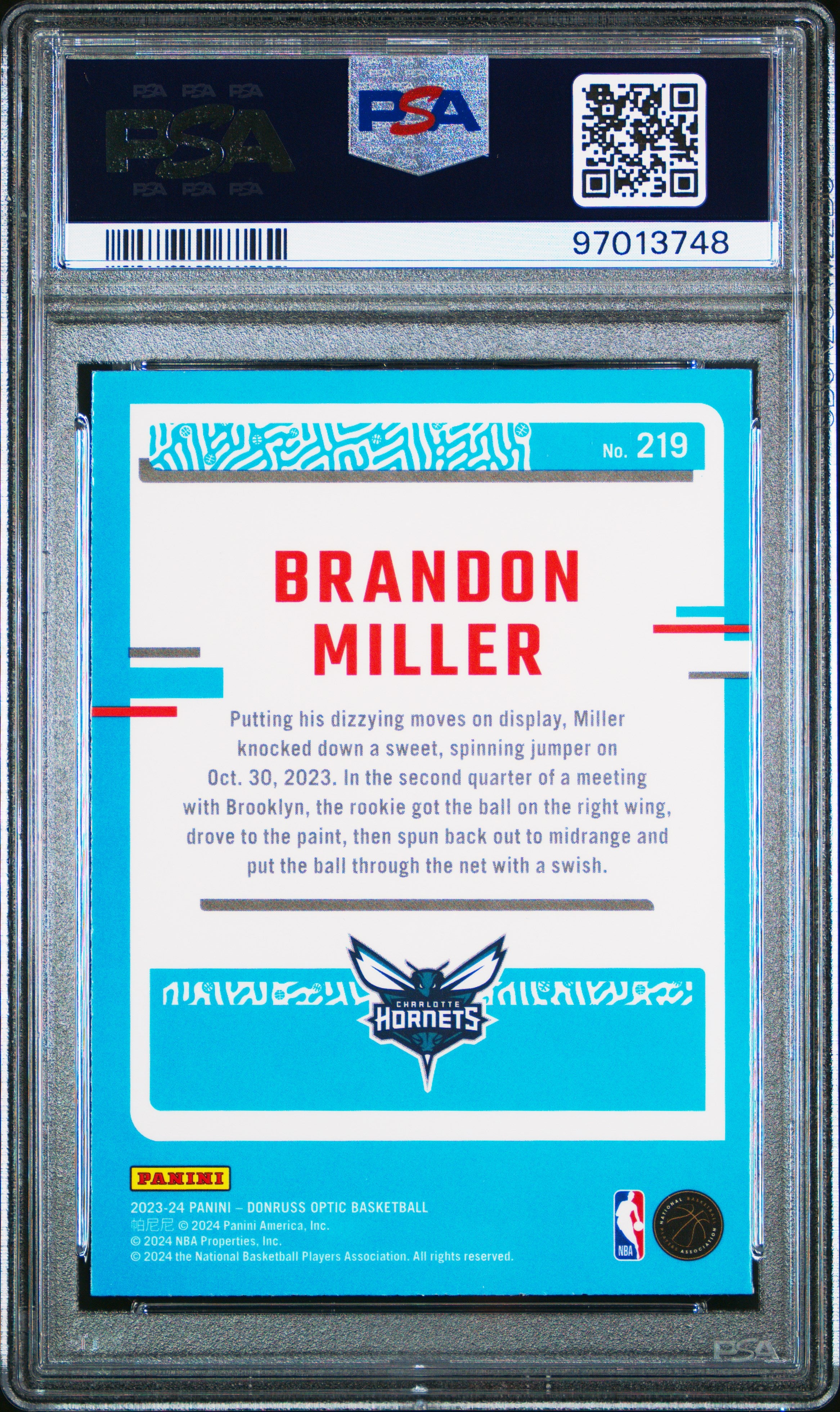 2023 Panini Donruss Optic Brandon Miller #219 PSA 10
