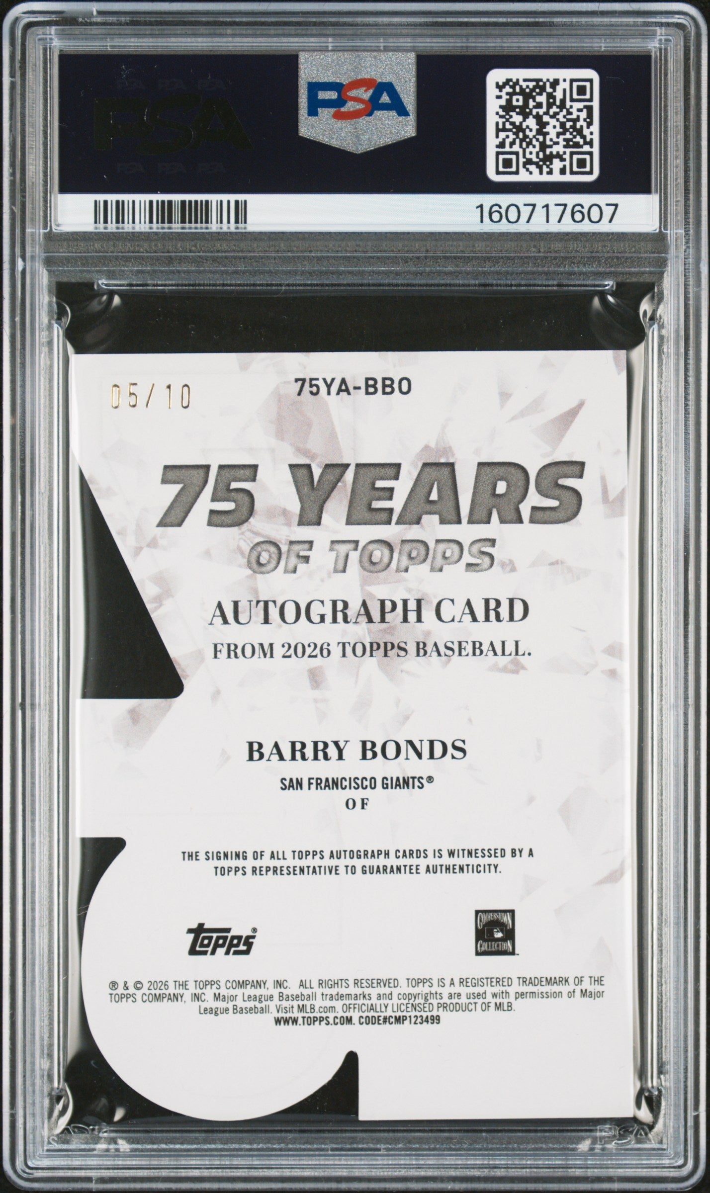 2026 Topps 75 Years Die-Cut Autographs Barry Bonds Black 5/10 PSA 10 Auto 10