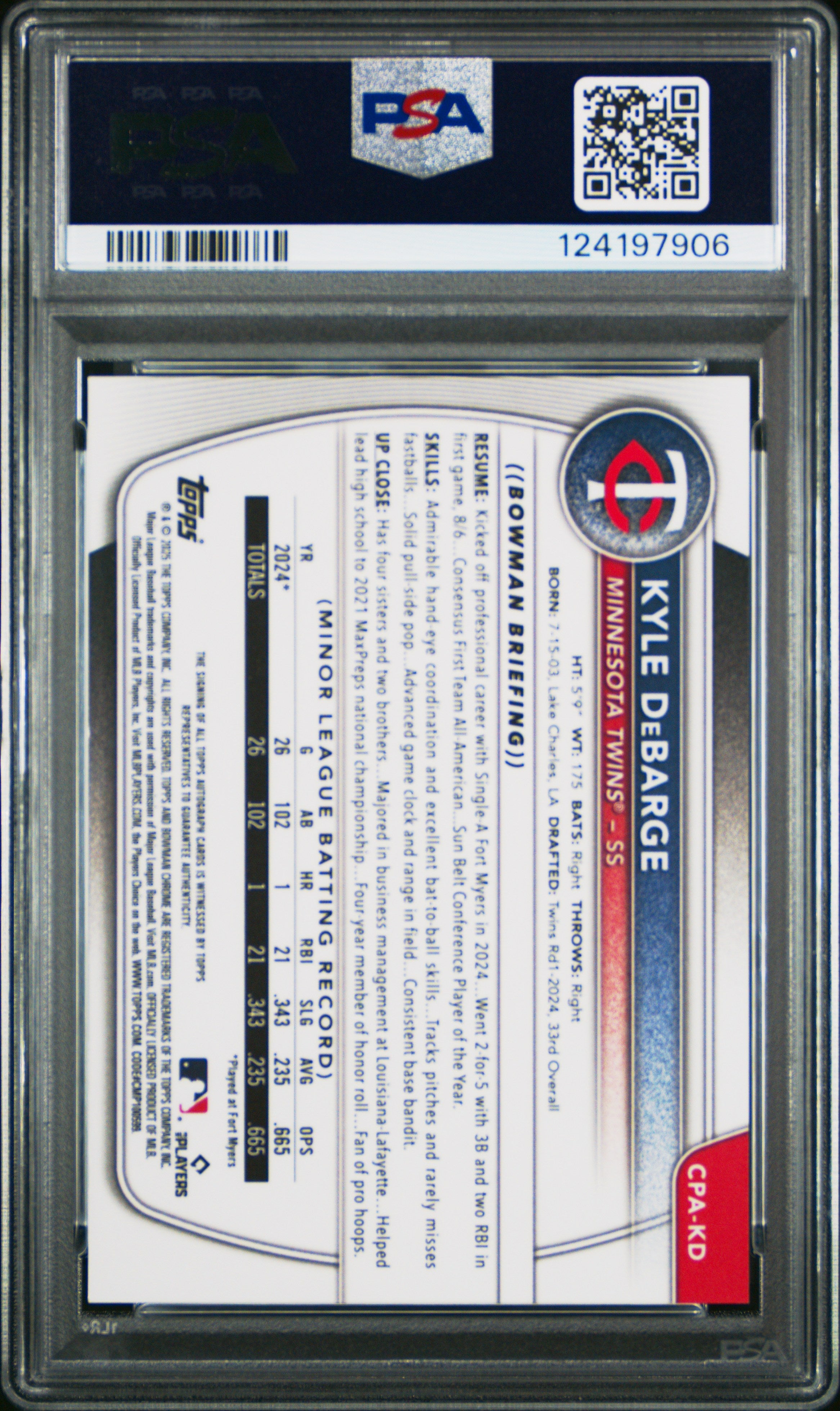2025 Bowman Chrome Prospect Autographs Kyle Debarge #CPAKD PSA 9