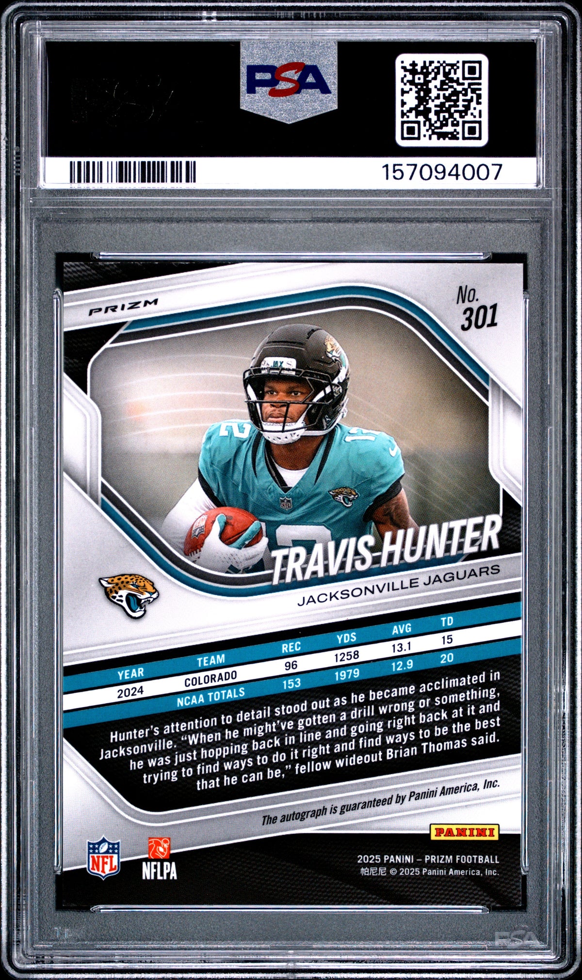 2025 Panini Prizm Travis Hunter Autograph Silver #301 PSA 9