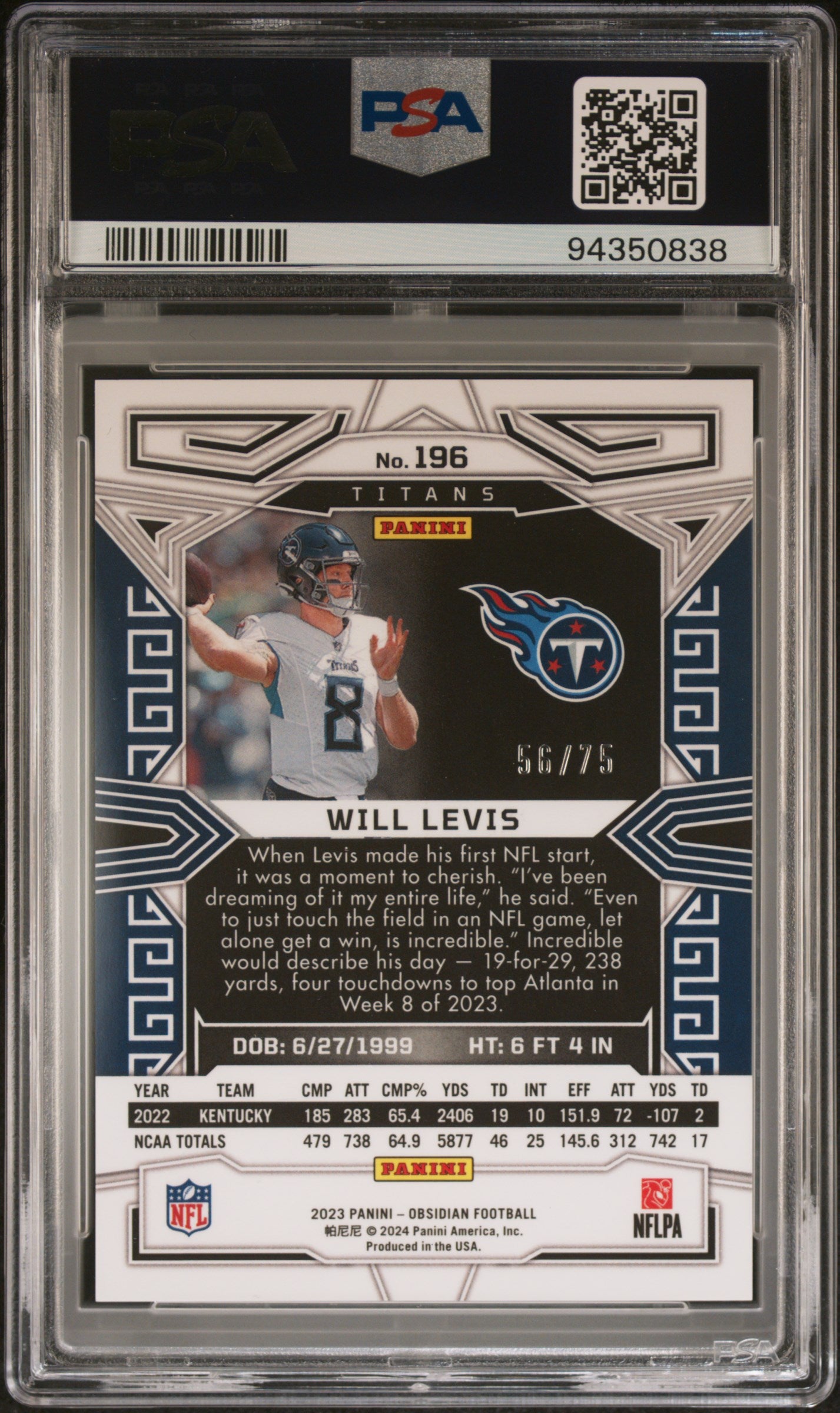 2023 Panini Obsidian Will Levis Electric Etch Purple /75 #196 PSA 10