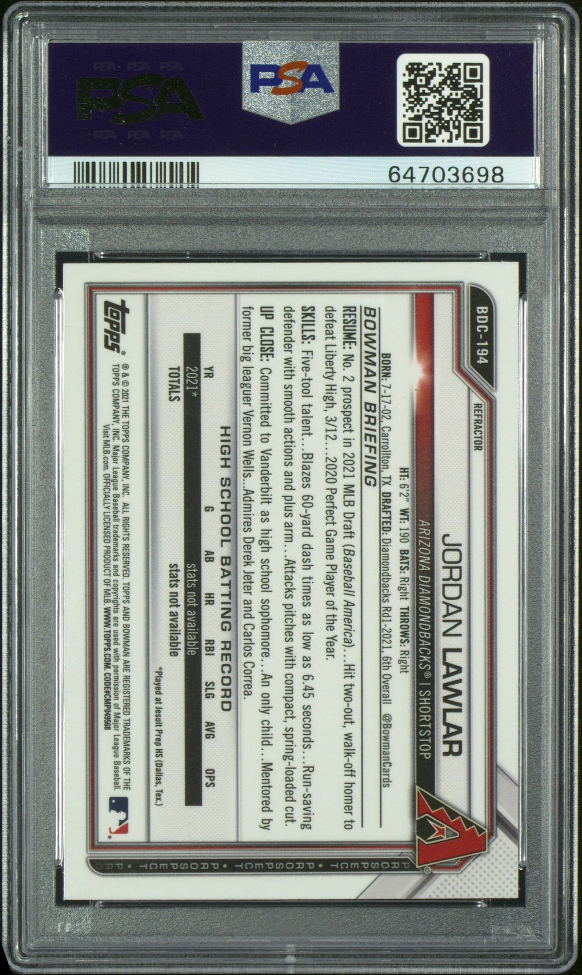2021 Bowman Draft Jordan Lawlar Chrome Refractor PSA 9 Arizona Diamondbacks