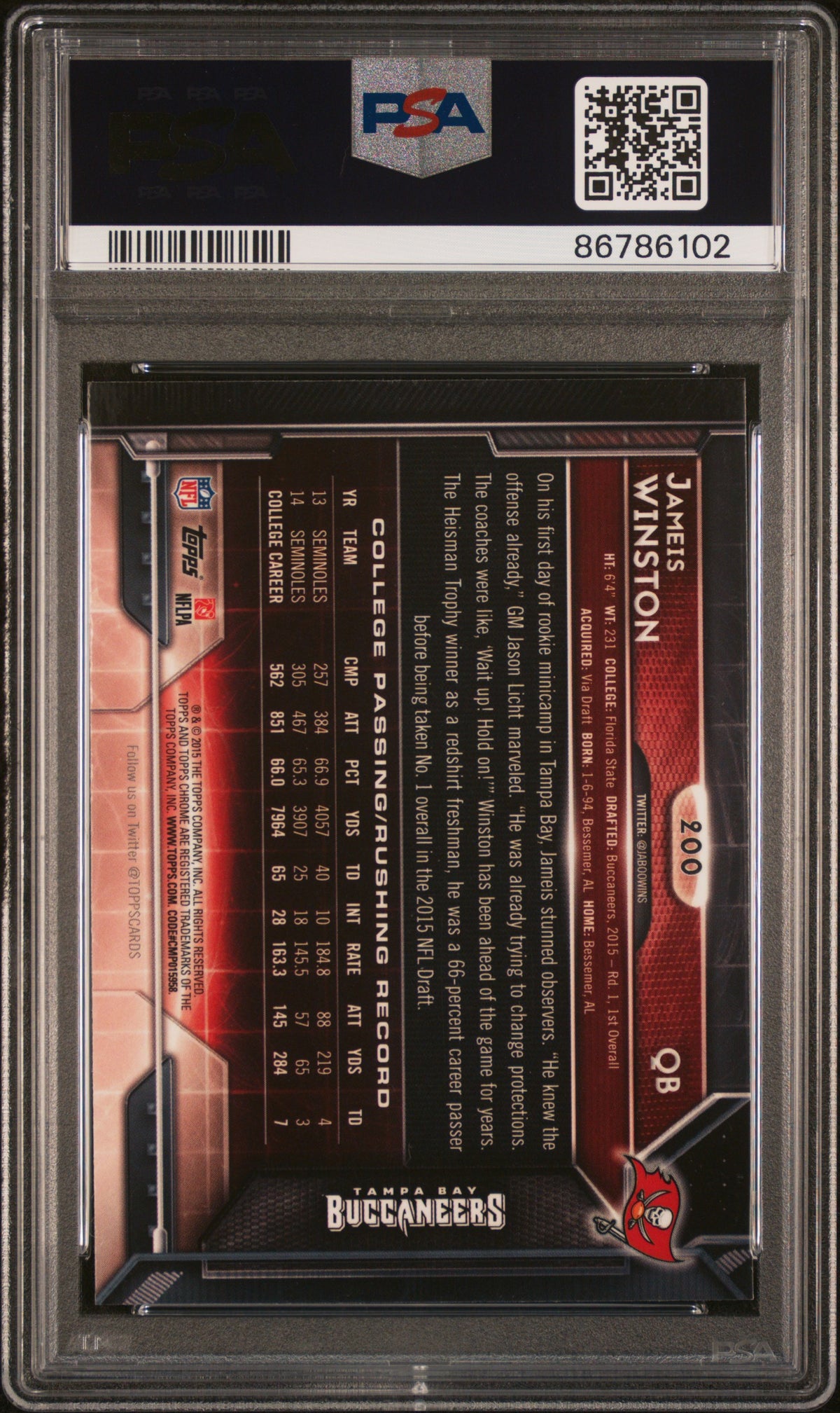 2015 Topps Chrome Jameis Winston Green Refractor Rookie PSA 8 Tampa Bay