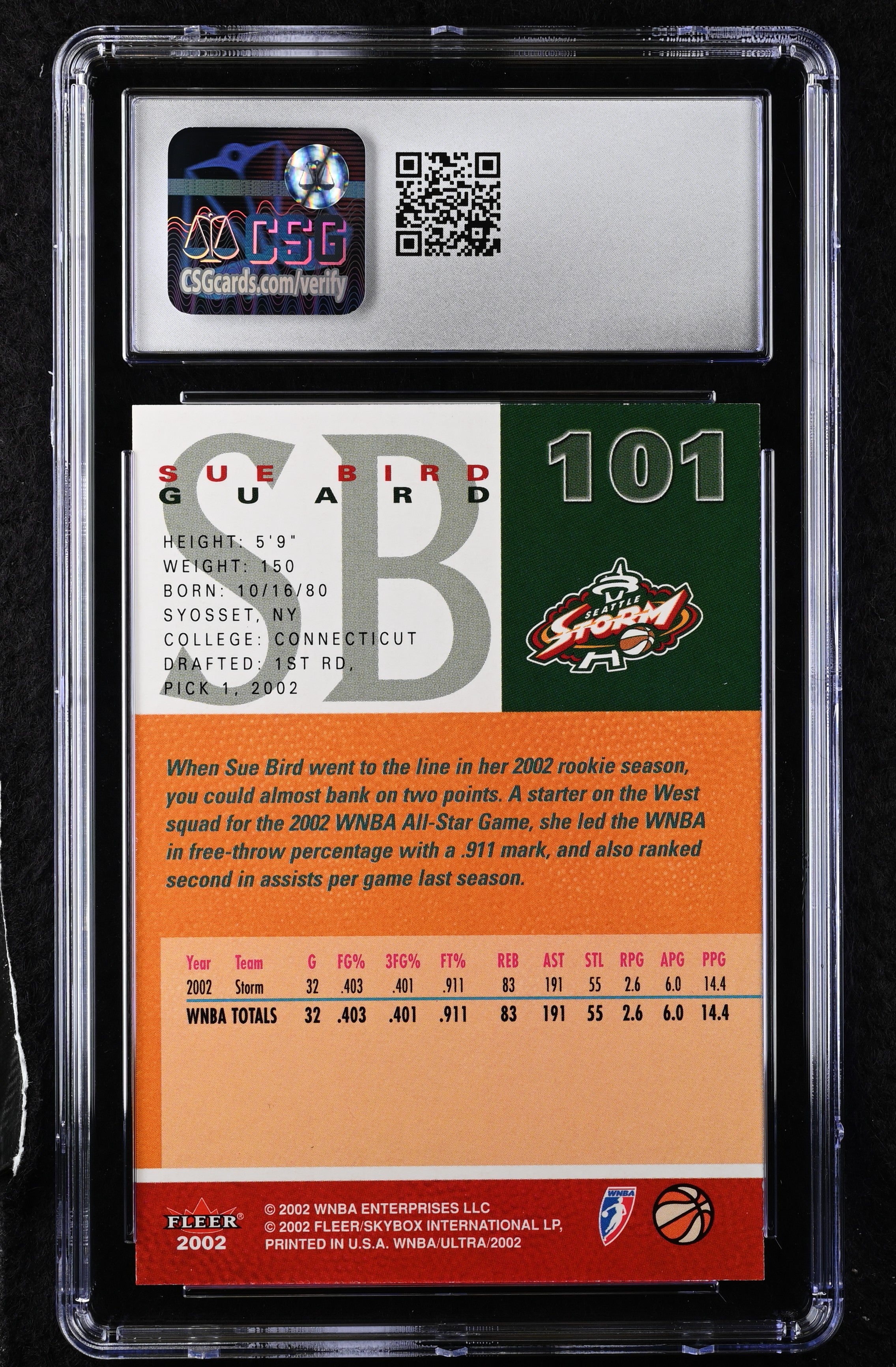 2002 Fleer Ultra WNBA Sue Bird Rookie #101 CGC 9 Storm
