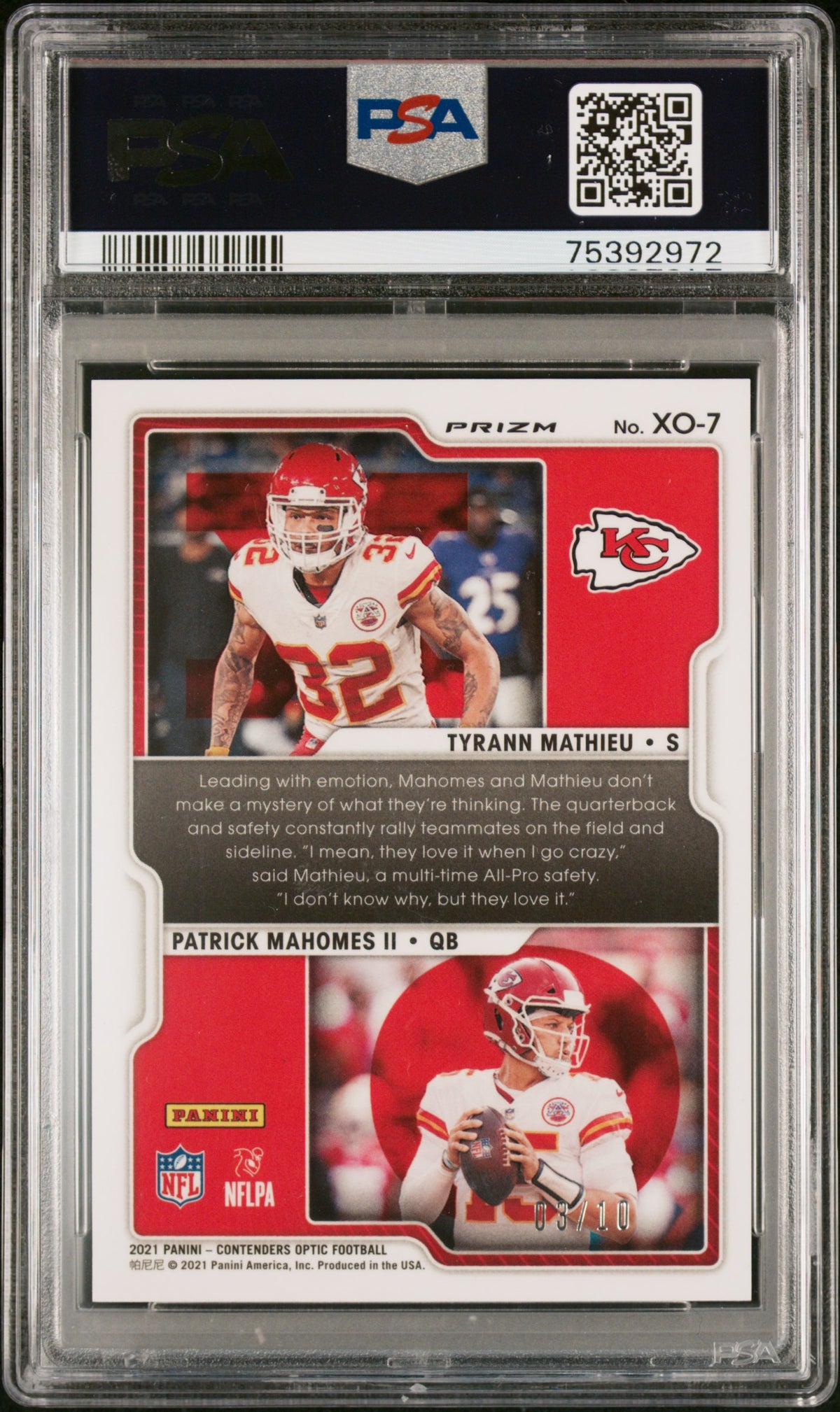 2021 Contenders Optic X'S And O's Mahomes II Mathieu Gold /10 PSA 10 GEM MINT