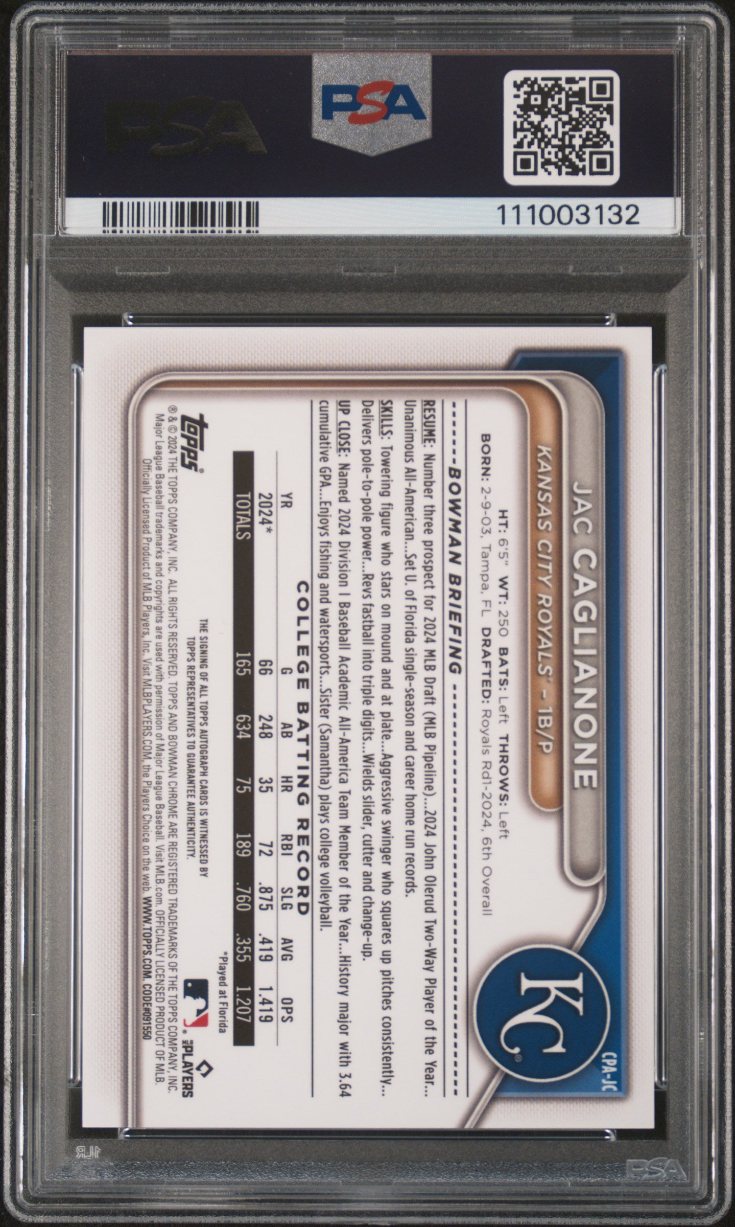 2024 Bowman Draft Chrome Prospect Auto Jac Caglianone Aqua Lava 079/199 PSA 8