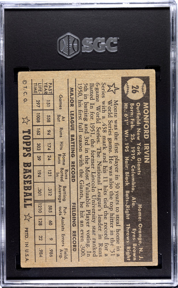 1952 Topps Monte Irvin Black Back #26 SGC 2 New York Giants