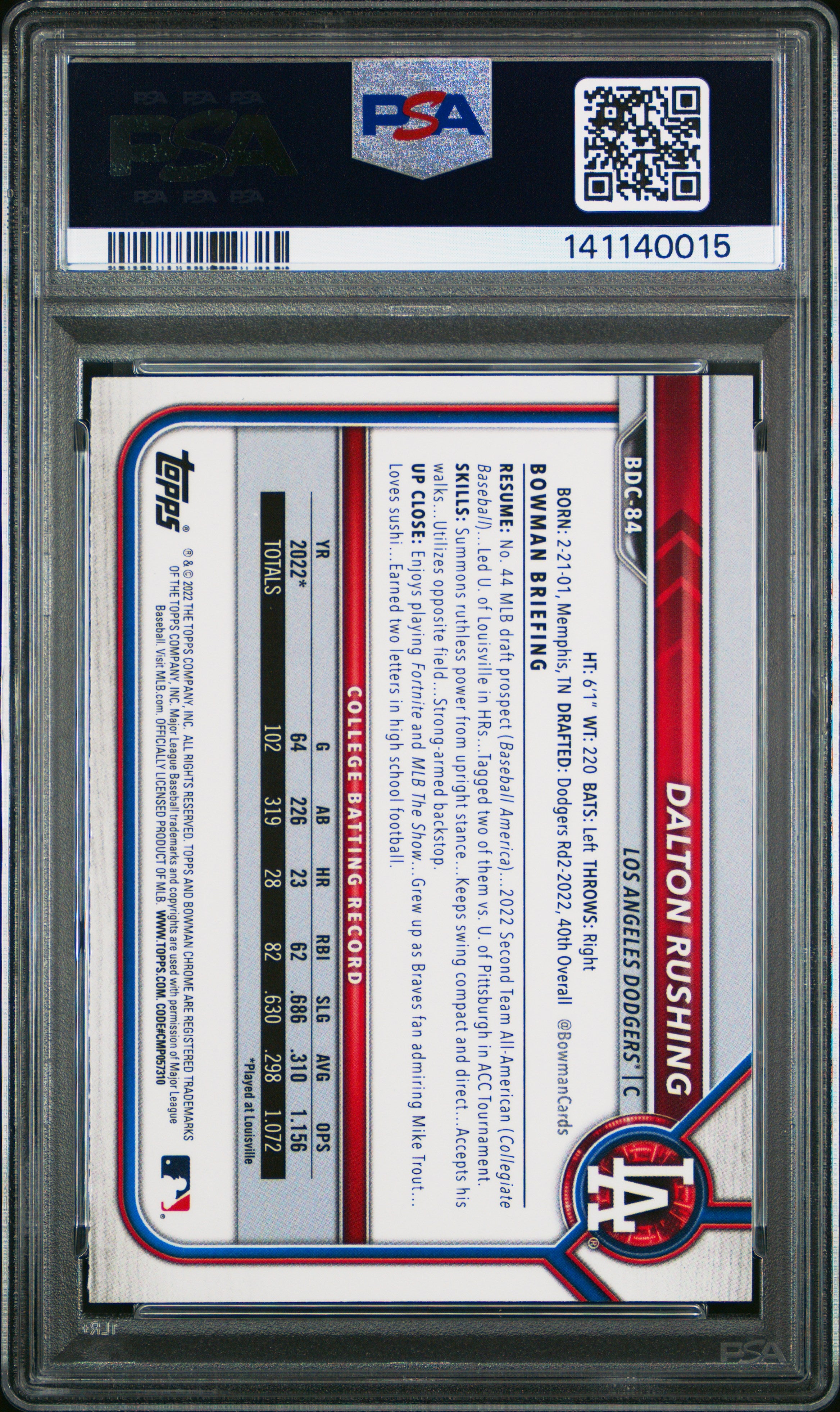 2022 Bowman Draft Dalton Rushing Chrome Asia Refractor #BDC84 PSA 10