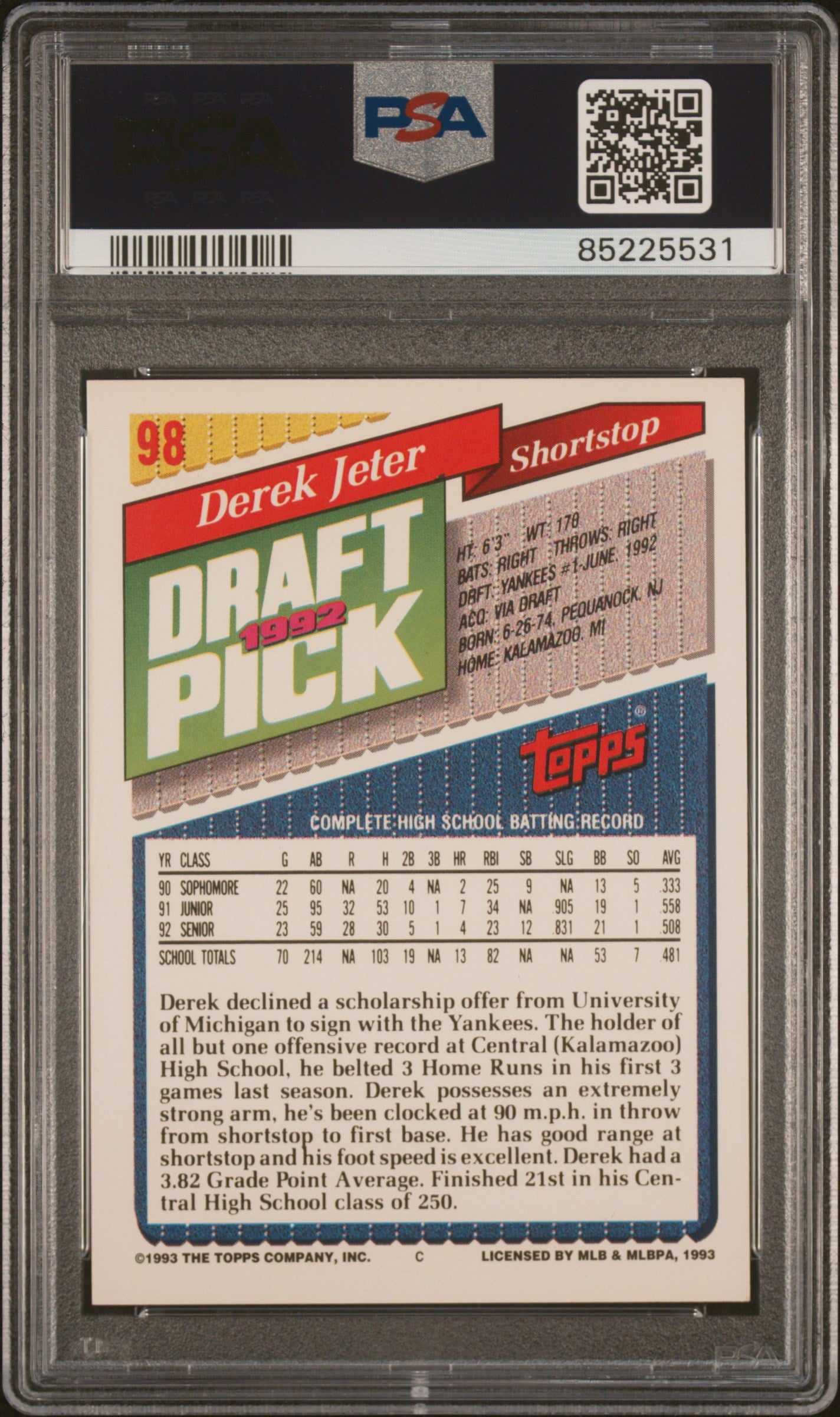 1993 Topps Gold Derek Jeter Rookie #98 PSA 9 New York Yankees