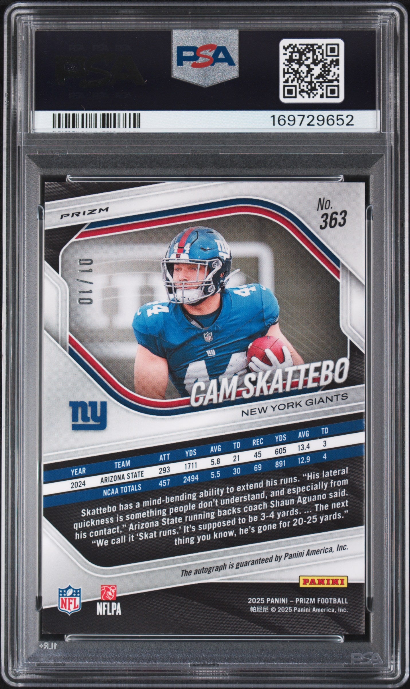 2025 Panini Prizm Cam Skattebo Autograph Gold 01/10 Rookie #363 PSA 9 MINT