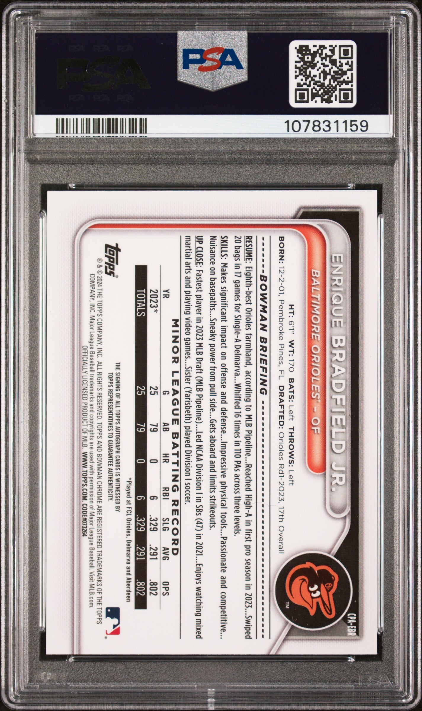 2024 Bowman Chrome Prospect Autographs Enrique Bradfield JR. Gold Shim 19/50 #CPAEBR PSA 9