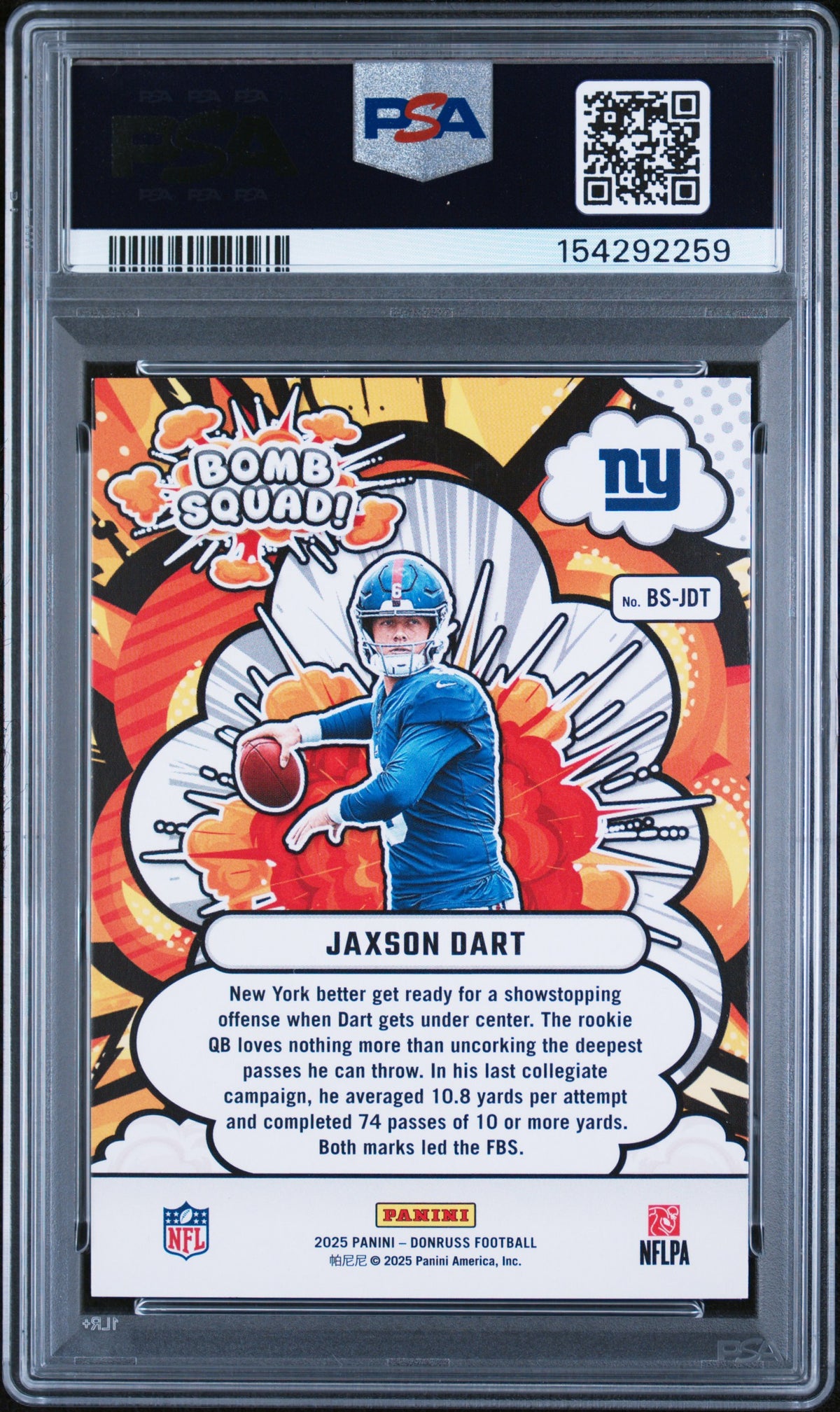 2025 Donruss Bomb Squad Jaxson Dart Rookie #BS-JDT PSA 9 MINT New York Giants