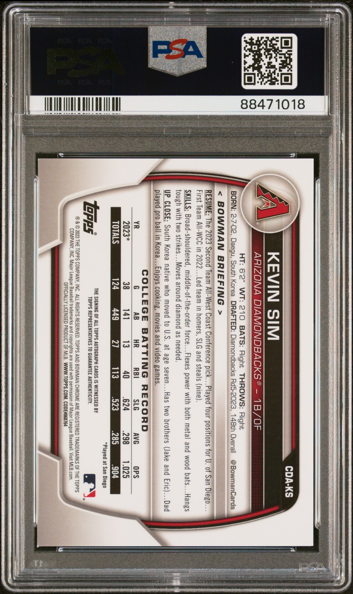 2023 Bowman Draft Chrome Prospect Autograph Kevin Sim PSA 10 Arizona