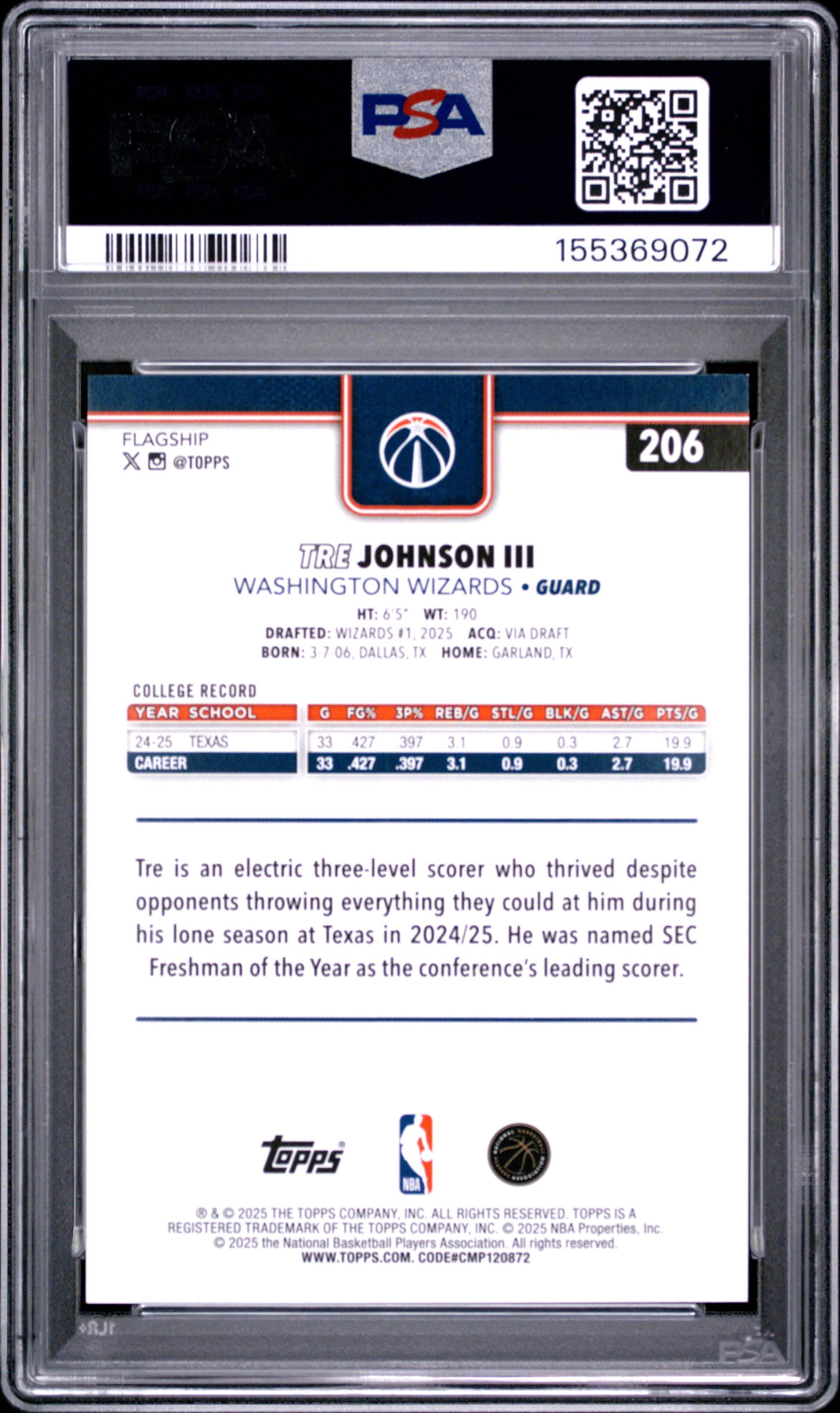 2025 Topps Tre Johnson III Orange Diamante 09/25 #206 PSA 9