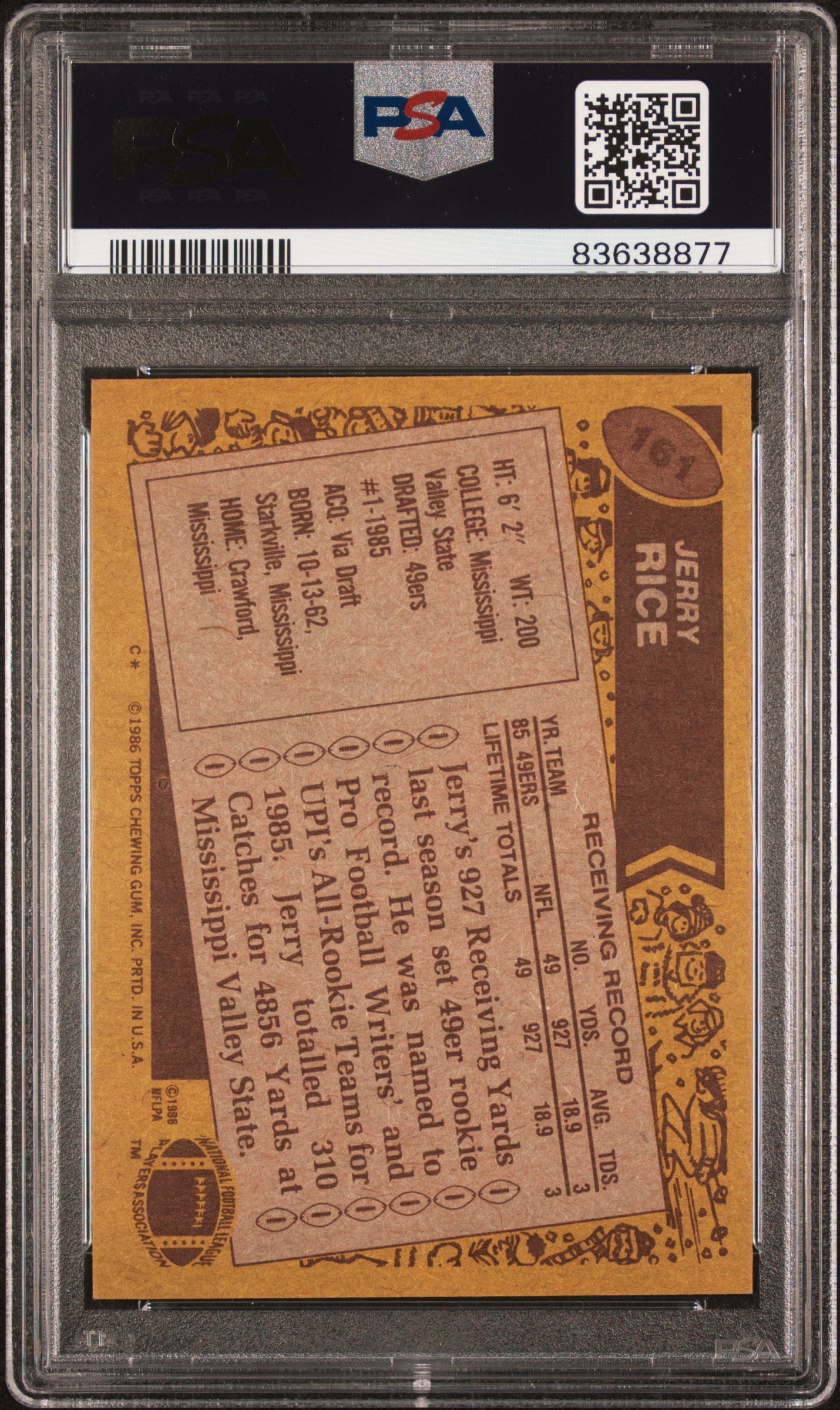 1986 Topps Jerry Rice Rookie #161 PSA 6 San Francisco 49ers