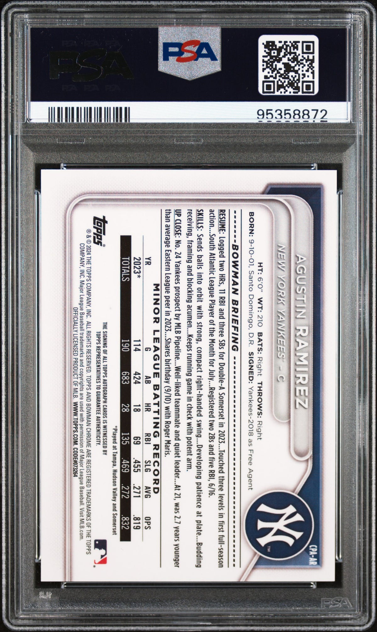 2024 Bowman Chrome Prospect Autographs Agustin Ramirez Org Shim 13/25 PSA 9 MINT