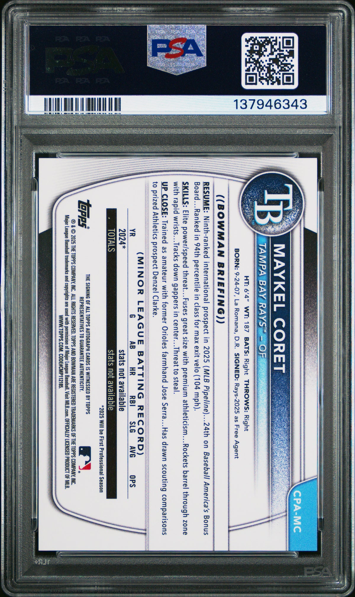 2025 Bowman Chrome Prospect Autographs Maykel Coret Rookie #CPAMC PSA 9 MINT