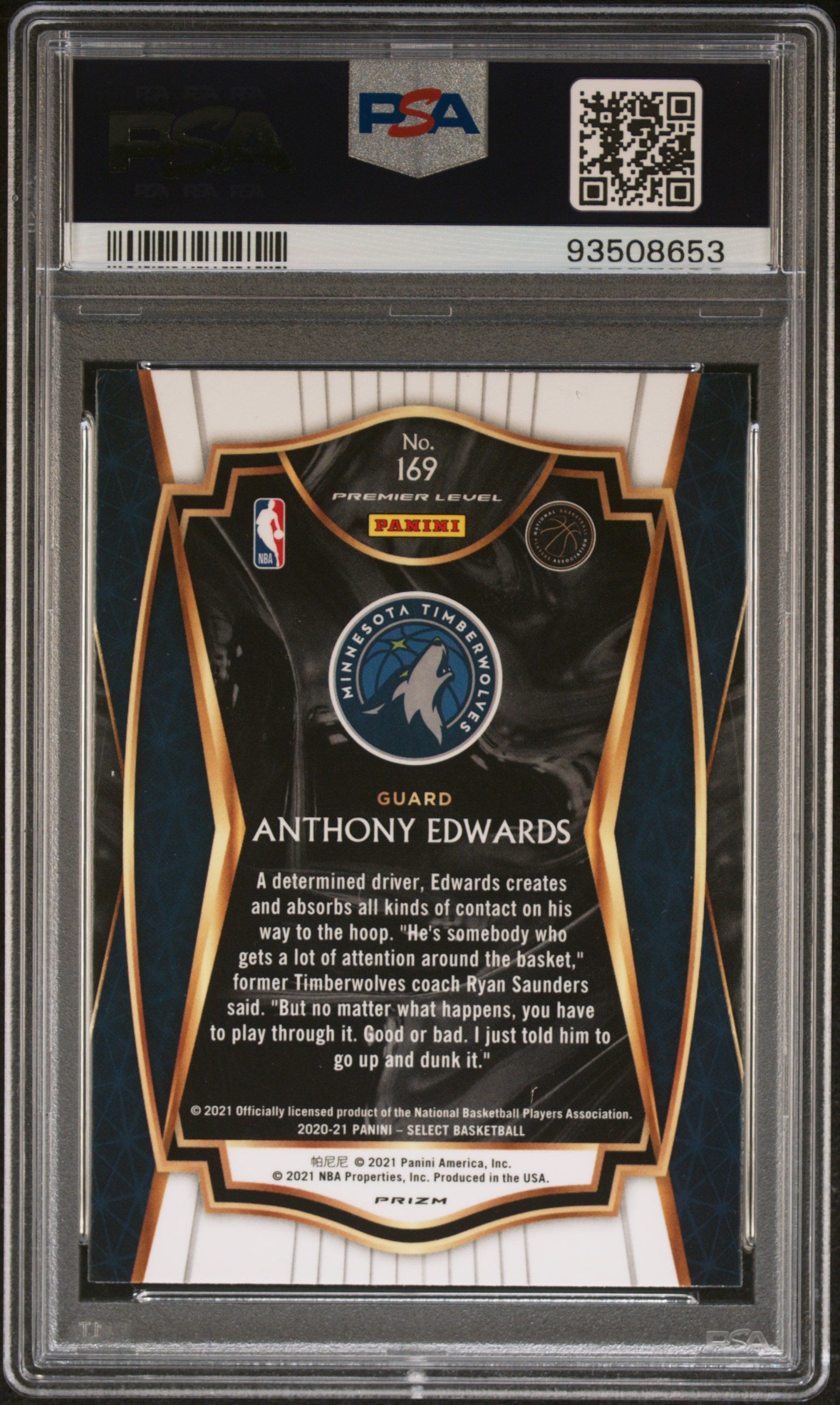 2020 Panini Select Anthony Edwards Silver Prizm Rookie #169 PSA 8