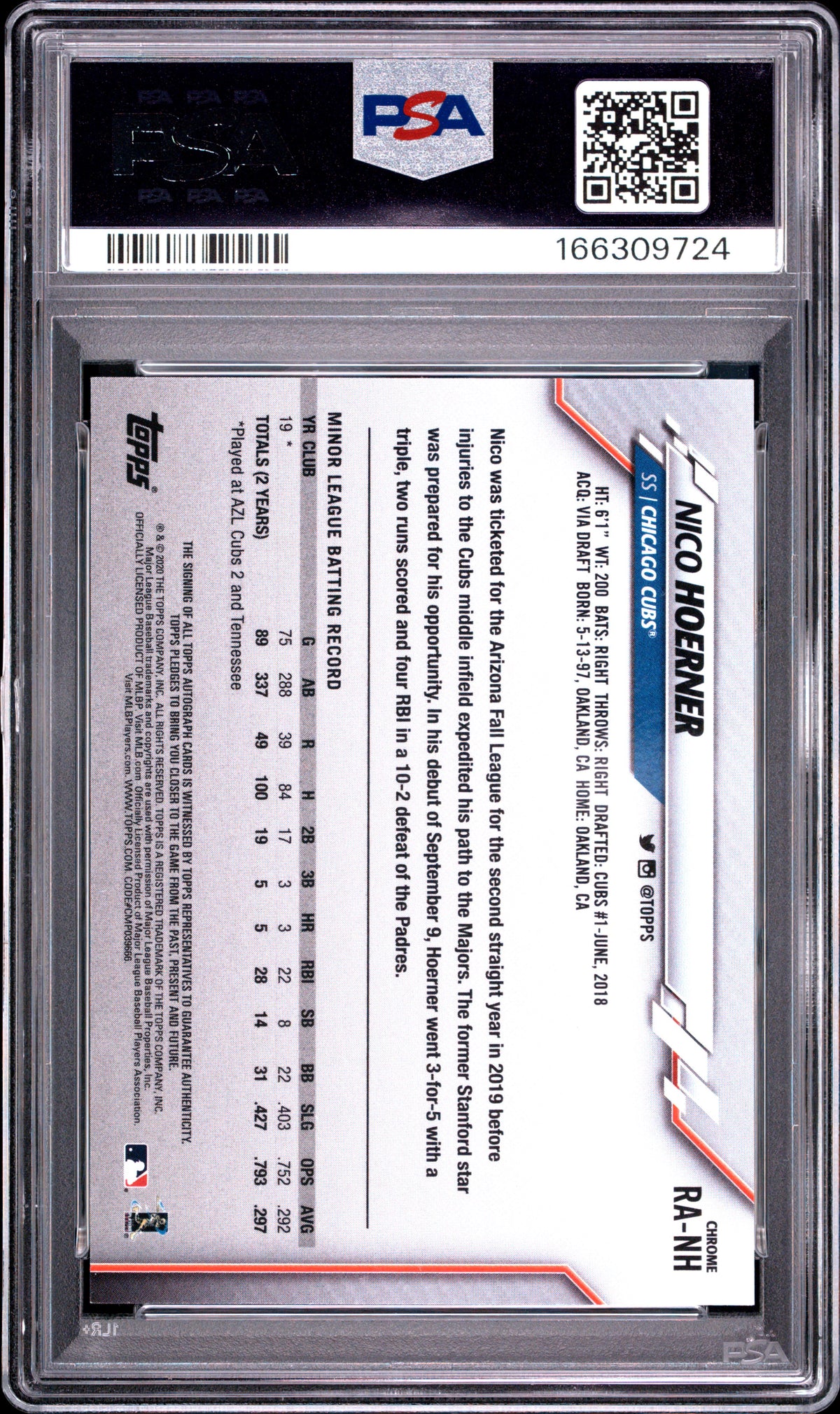 2020 Topps Chrome Rookie Autographs Nico Hoerner Rookie #RANH PSA 9 Chicago Cubs