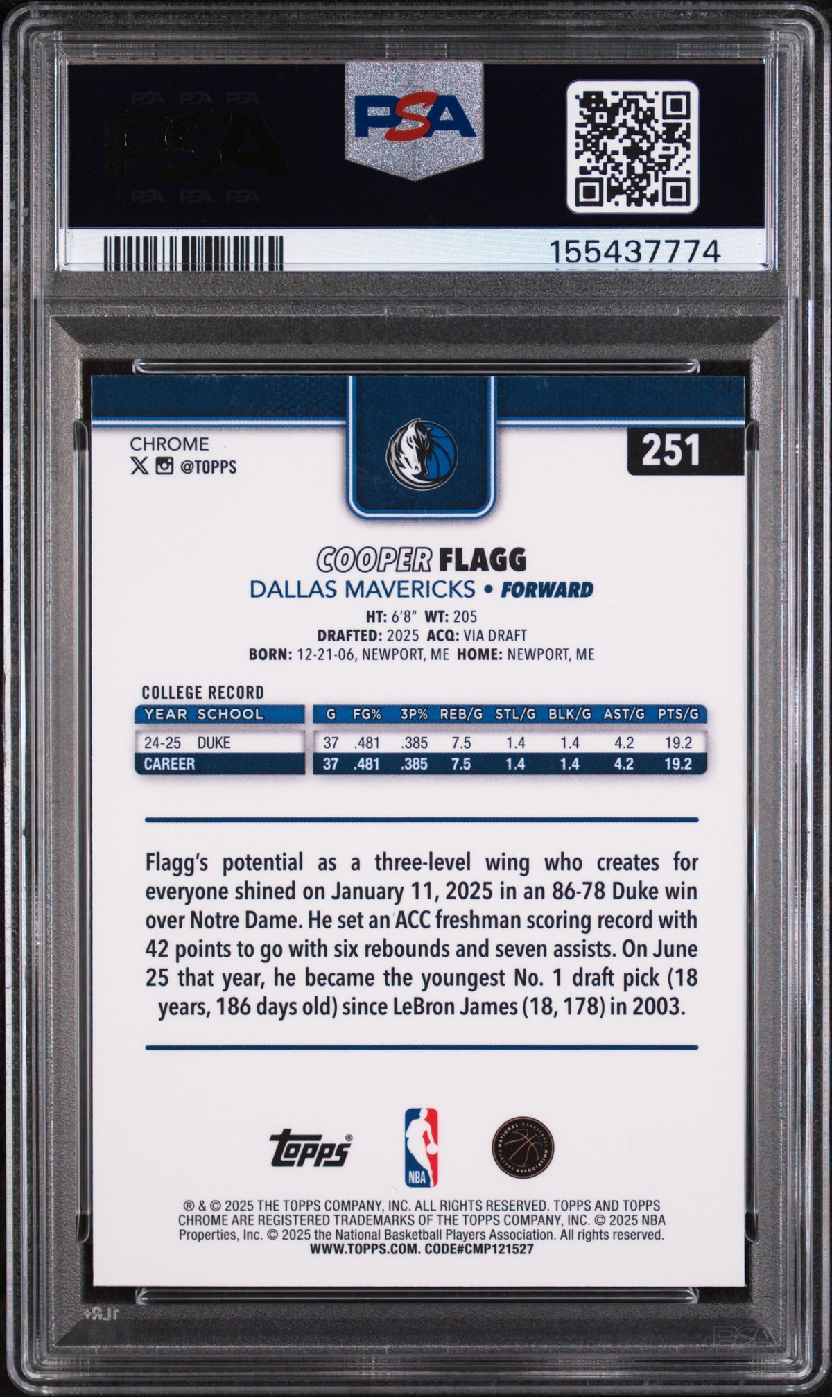2025 Topps Chrome Cooper Flagg #251 PSA 10