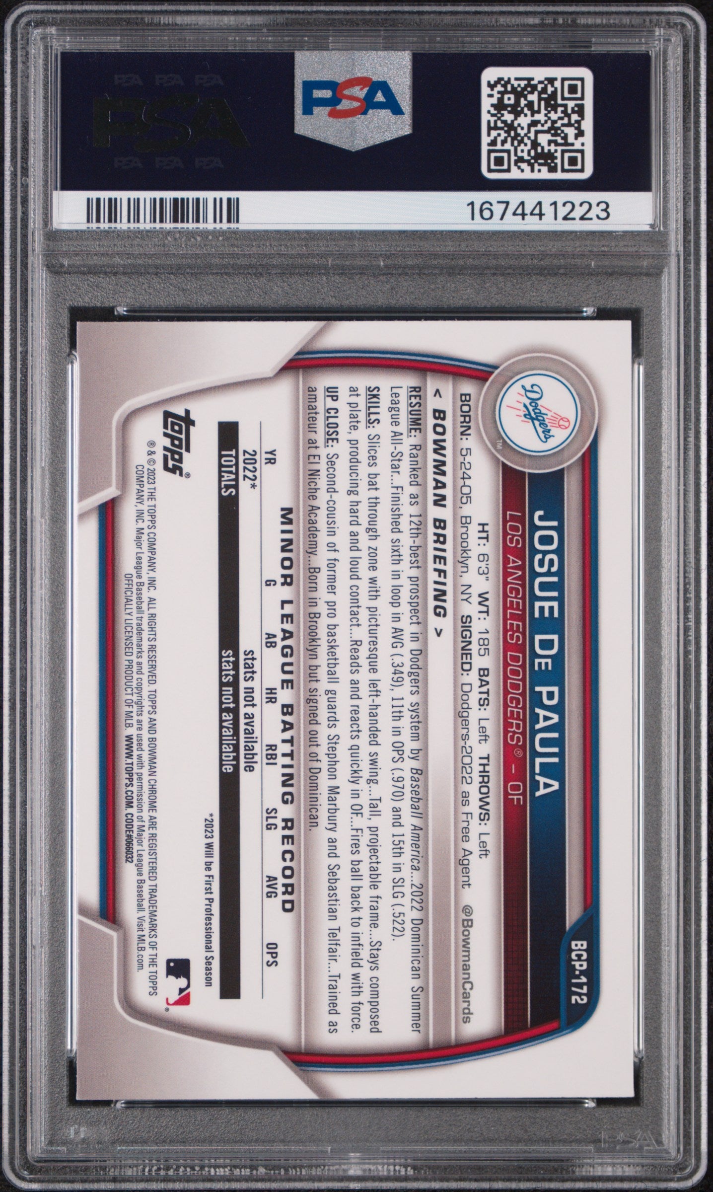 2023 Bowman Mega Box Chrome Josue De Paula #172 PSA 10