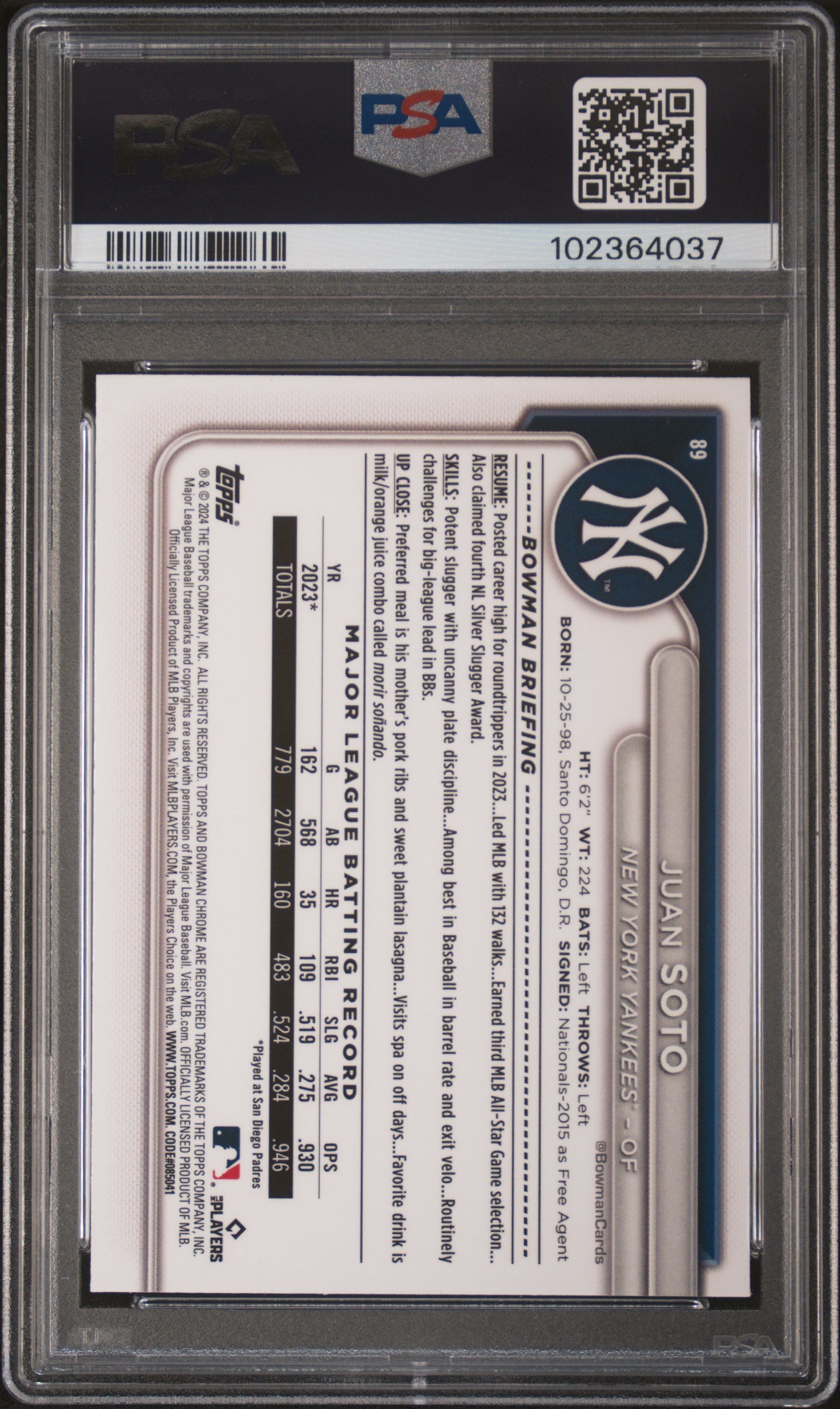 2024 Bowman Chrome Sapphire Edition Juan Soto Orange 08/25 #89 PSA 9