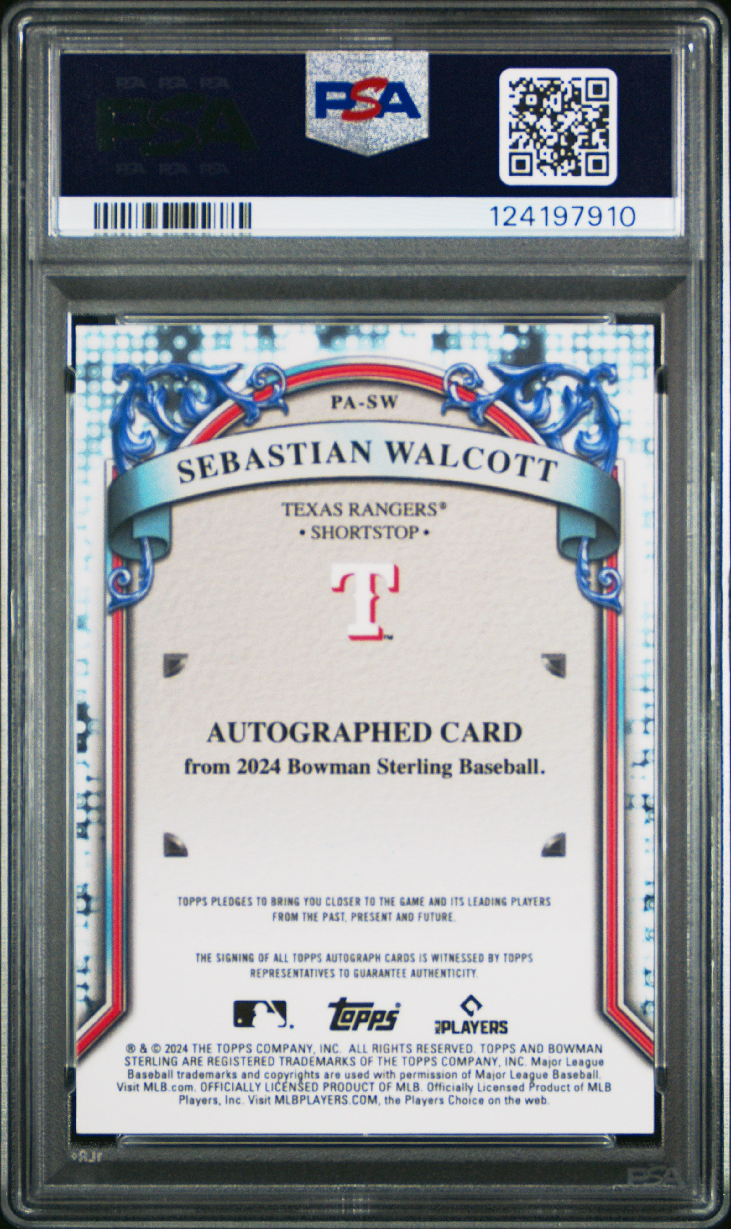 2024 Bowman Sterling Prospect Autographs Sebastian Walcott #PASW PSA 10
