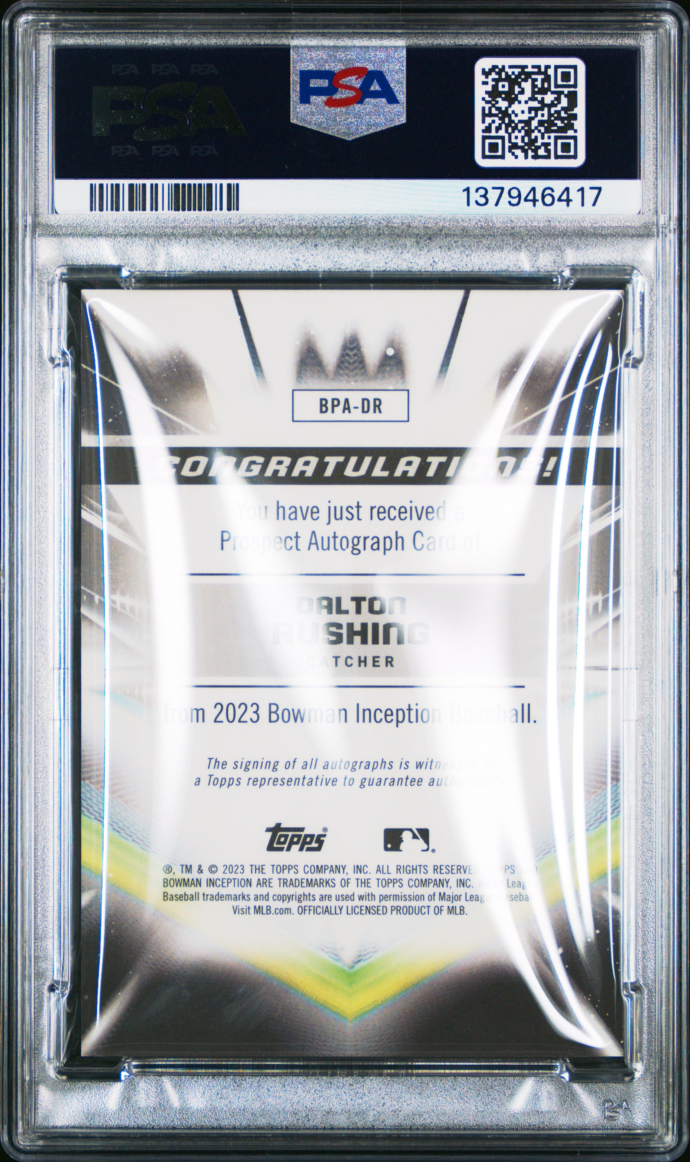2023 Bowman Inception Autographs Dalton Rushing 102/300 #BPADR PSA 10