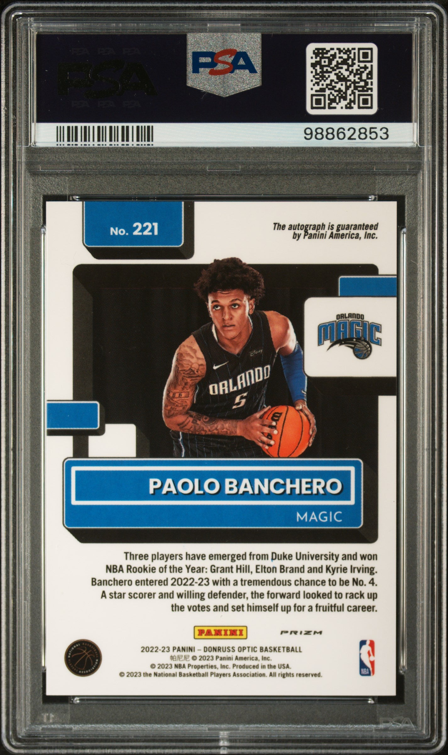 2022 Donruss Optic Paolo Banchero Signature Purple Rookie Auto #221 PSA 10 GEM
