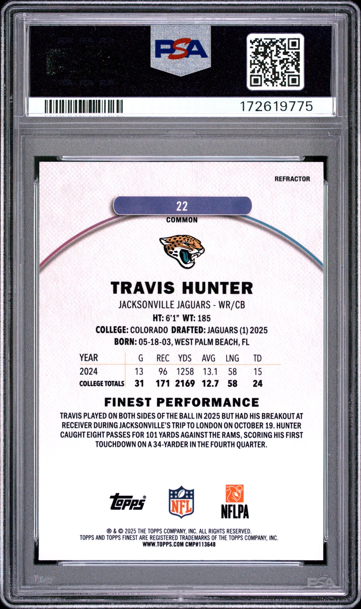 2025 Topps Finest Travis Hunter Refractor #22 PSA 10
