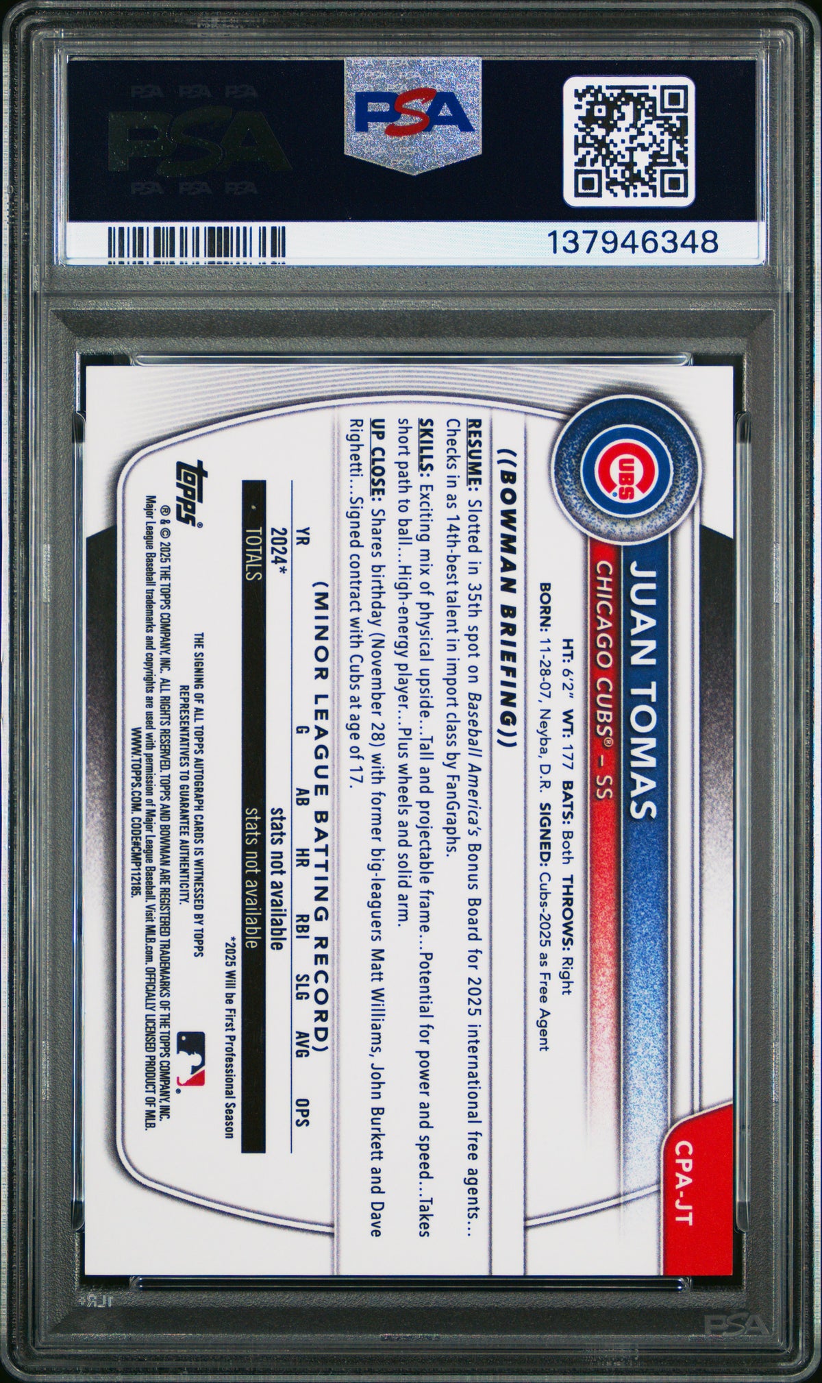 2025 Bowman Chrome Prospect Autographs Juan Tomas Green Ref /99 PSA 9 MINT