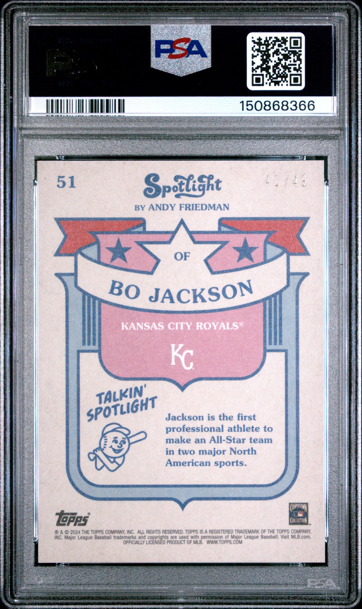 2024 Topps Spotlight Bo Jackson Grayscale Filter 41/49 #51 PSA 10 GEM MINT