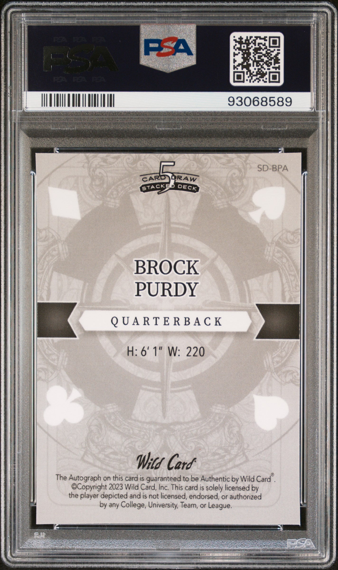 2023 Wild Card 5 Jack Auto Brock Purdy-Red Jsy Sprk Pink 1/1 #BPA PSA 9