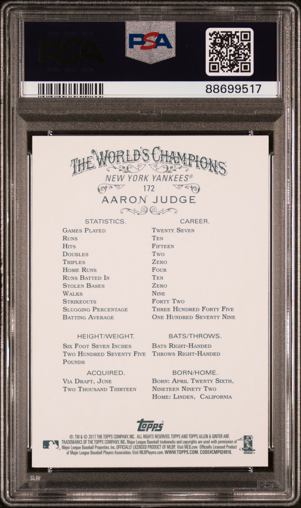 2017 Topps Allen & Ginter Aaron Judge #172 PSA 10
